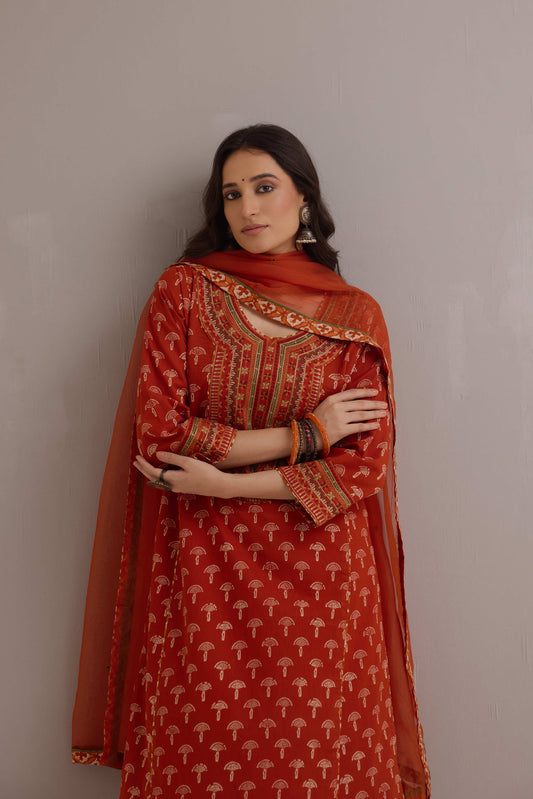 Dienne Embroidered Cotton Hand Block Printed Kurta Rust