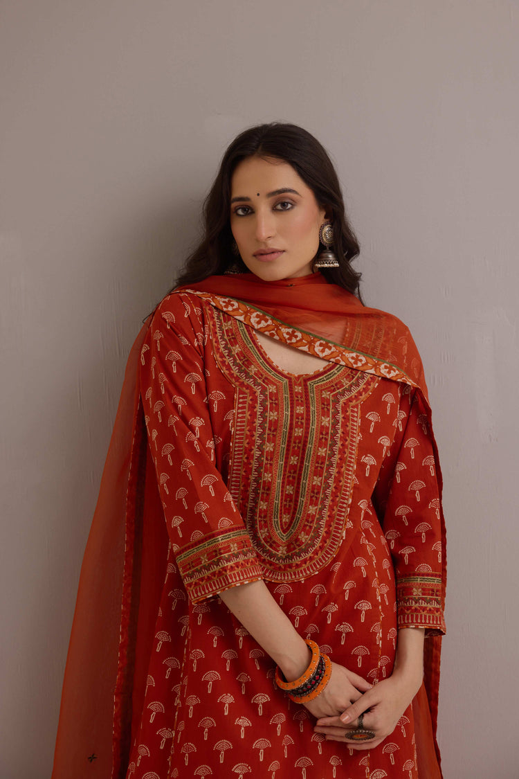 Dienne Embroidered Cotton Hand Block Printed Kurta Rust