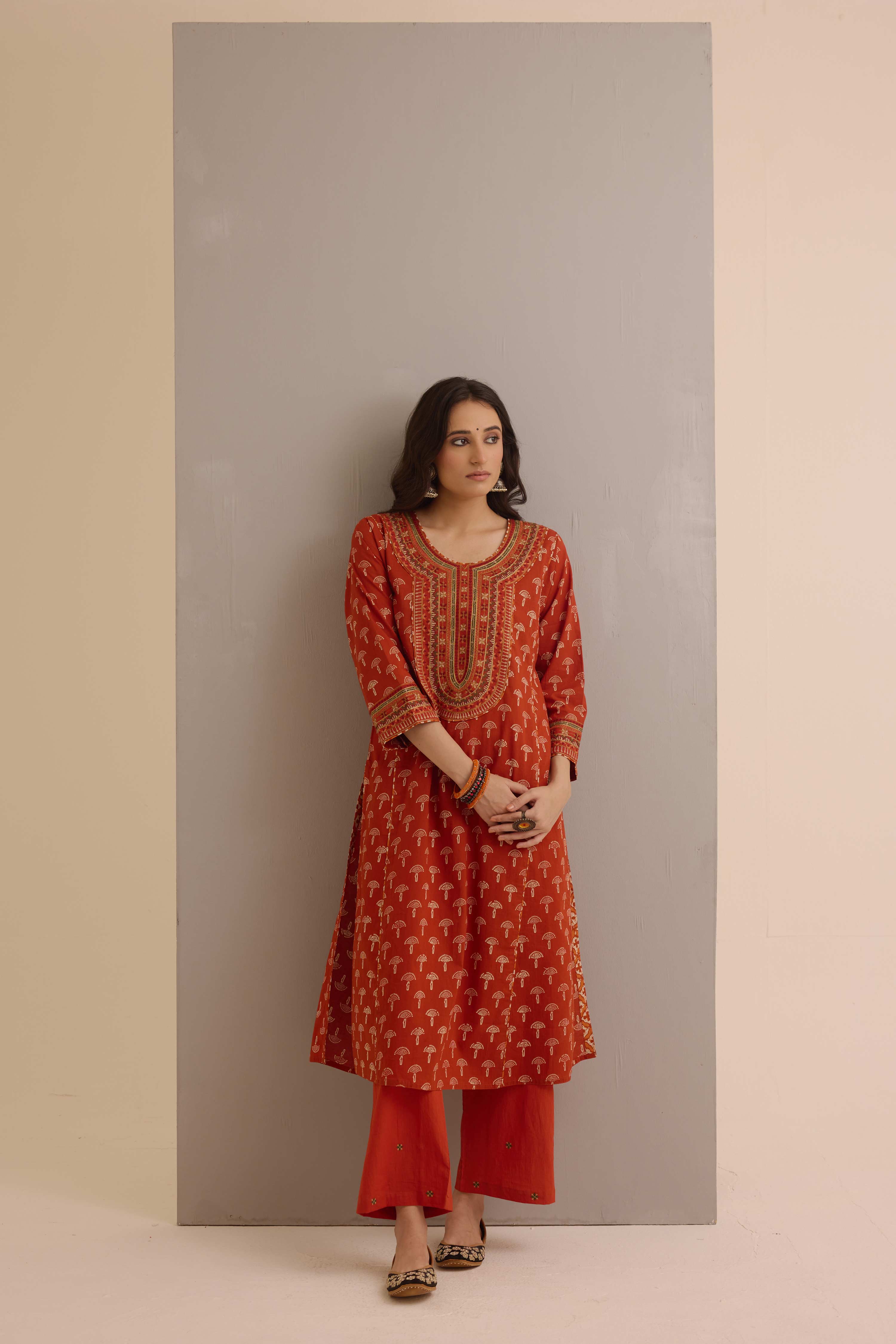 Dienne Embroidered Cotton Hand Block Printed Kurta Rust