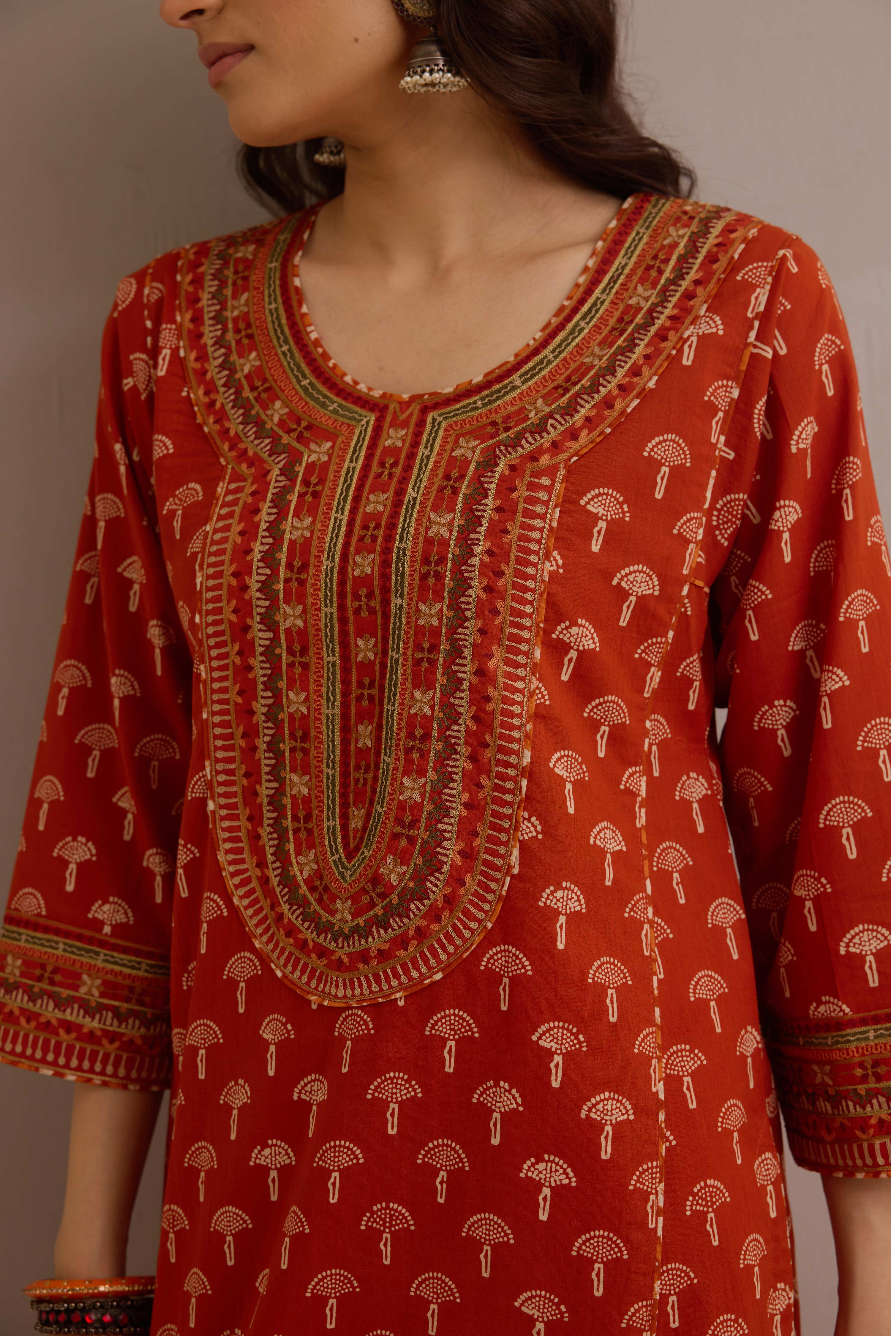 Dienne Embroidered Cotton Hand Block Printed Kurta Rust