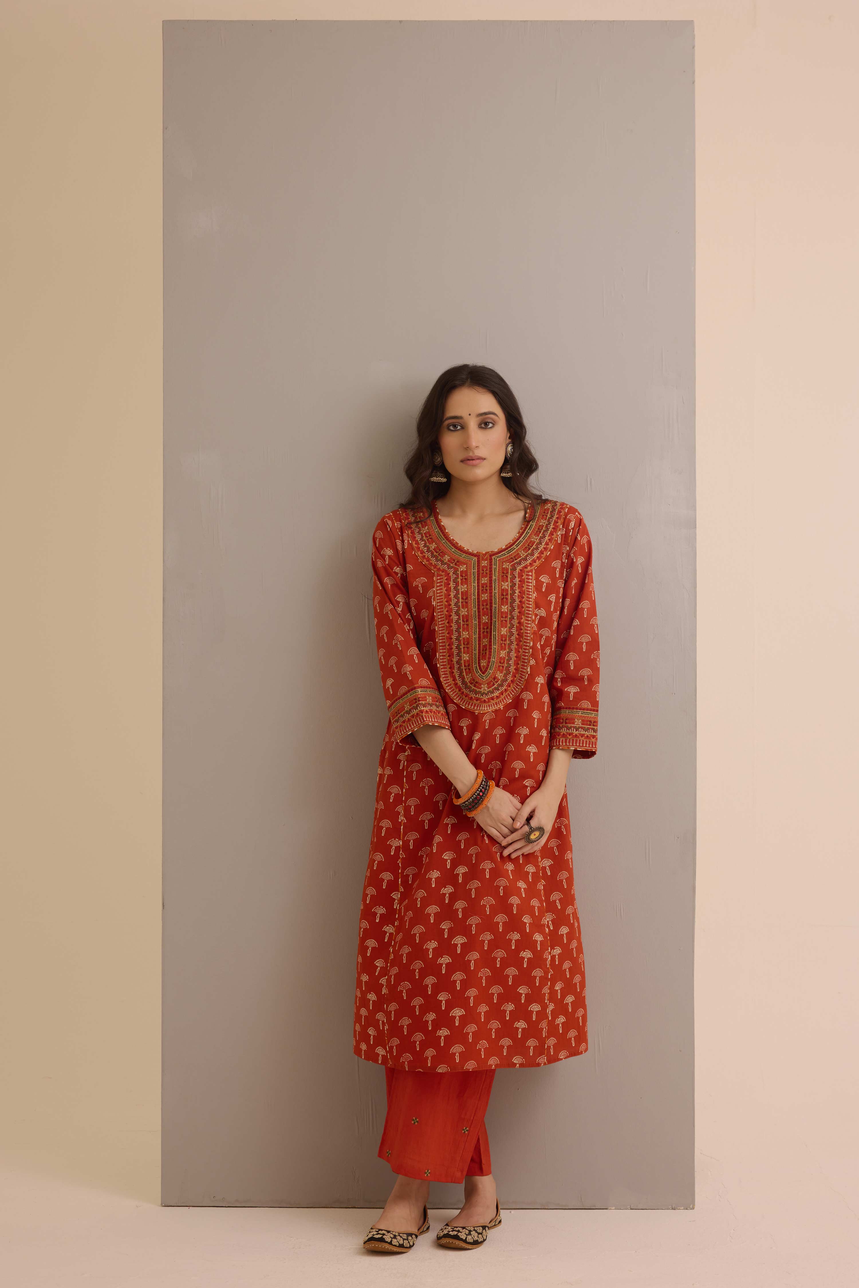 Dienne Embroidered Cotton Hand Block Printed Kurta Rust
