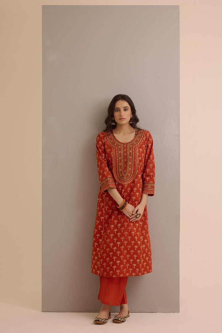 Dienne Embroidered Cotton Hand Block Printed Kurta Rust