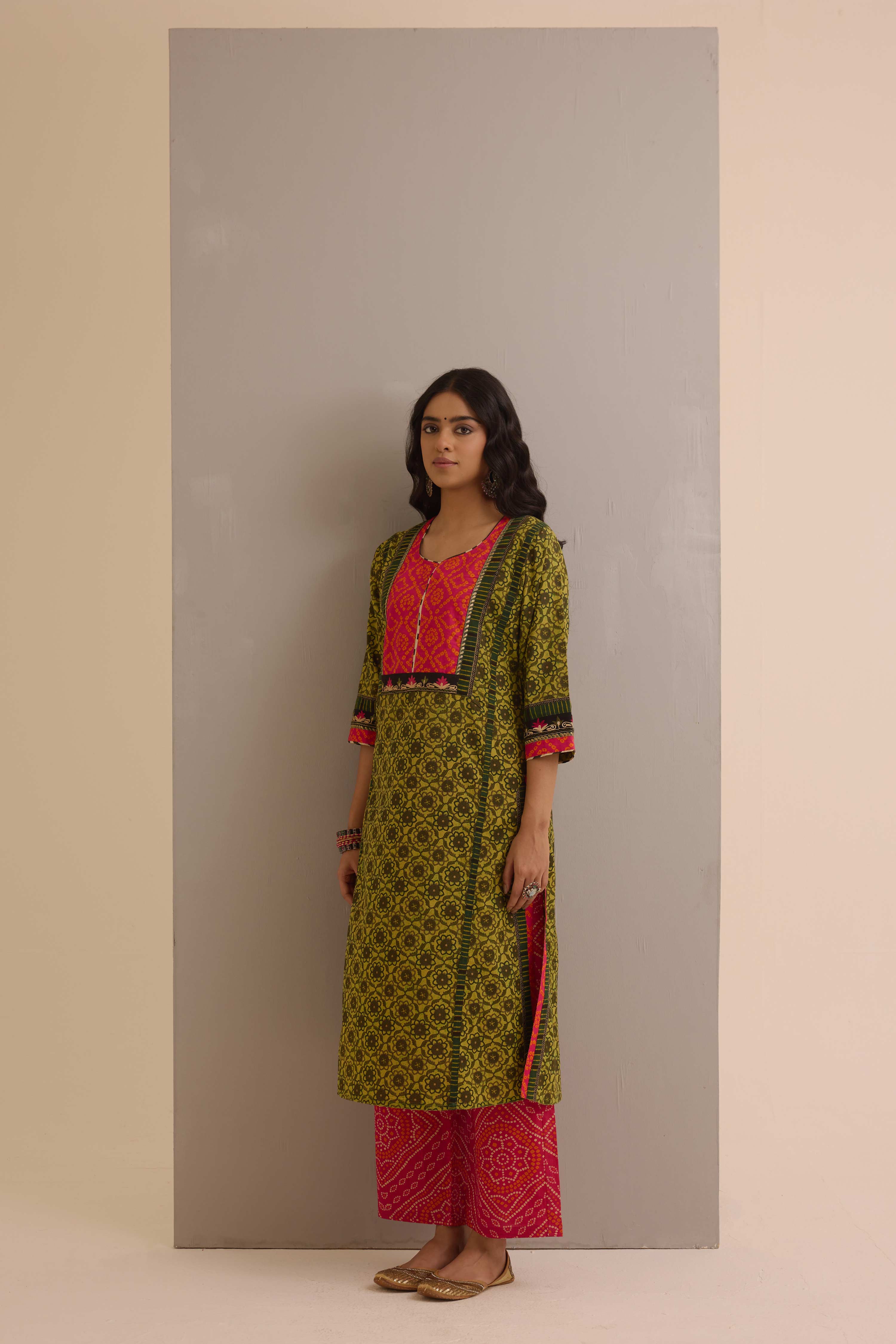 Rozana Cotton Printed Kurta Ensemble Green (Set of 3)