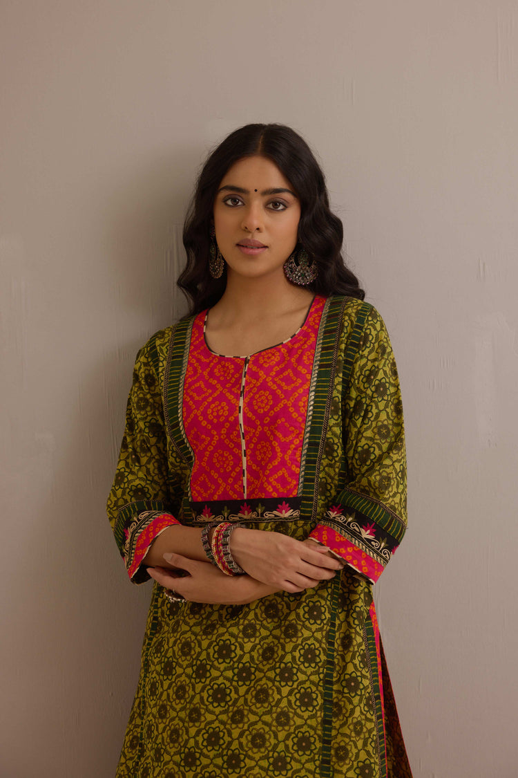 Rozana Cotton Printed Kurta Ensemble Green (Set of 3)