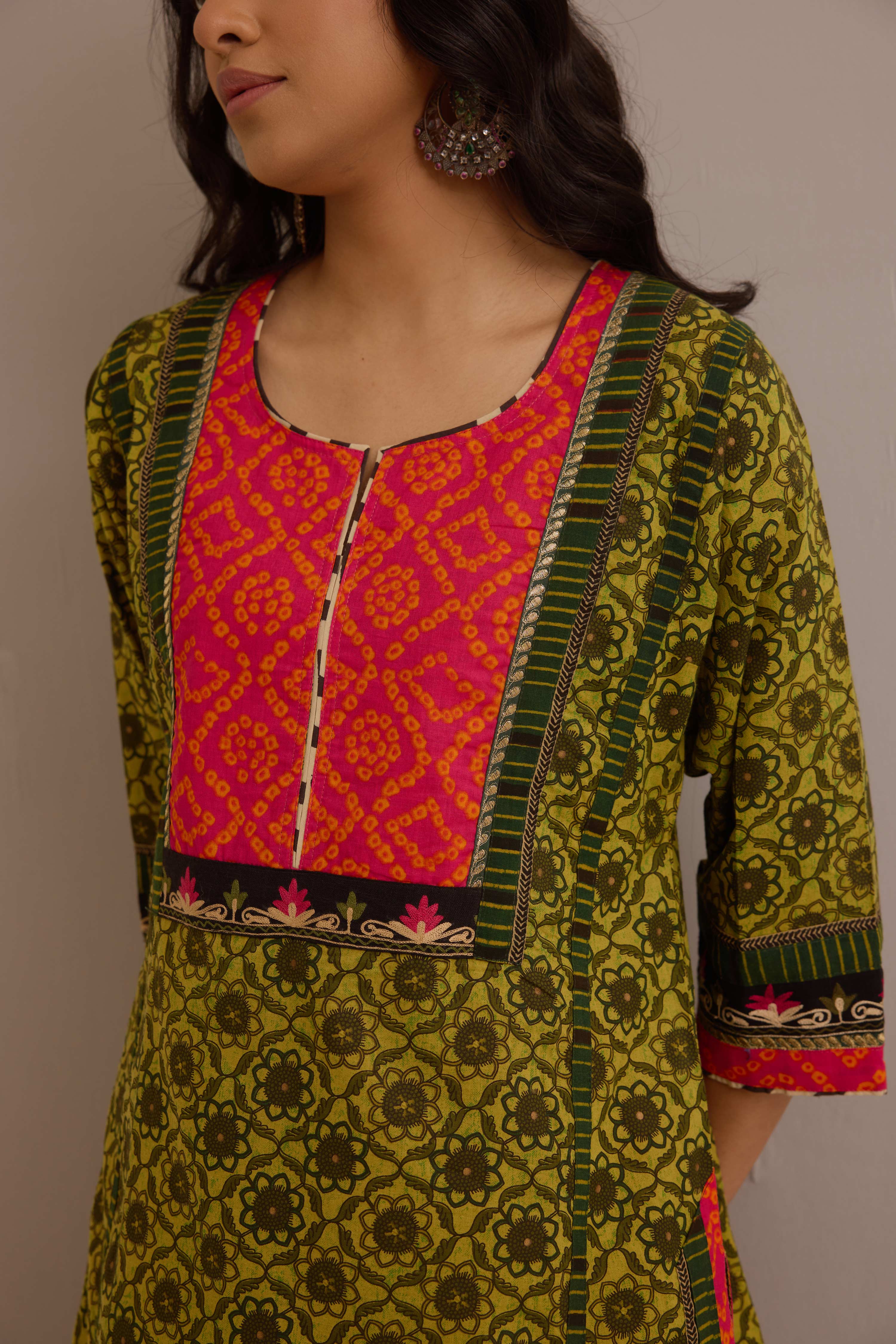 Rozana Cotton Printed Kurta Ensemble Green (Set of 3)