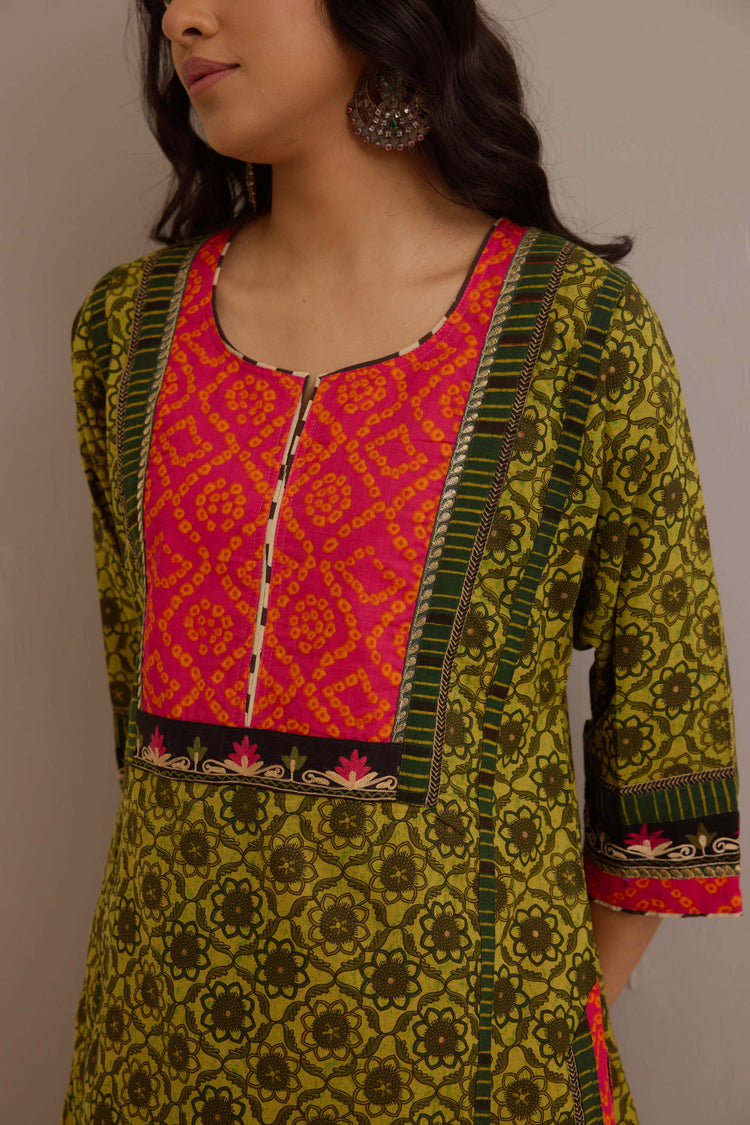 Rozana Cotton Printed Kurta Ensemble Green (Set of 3)