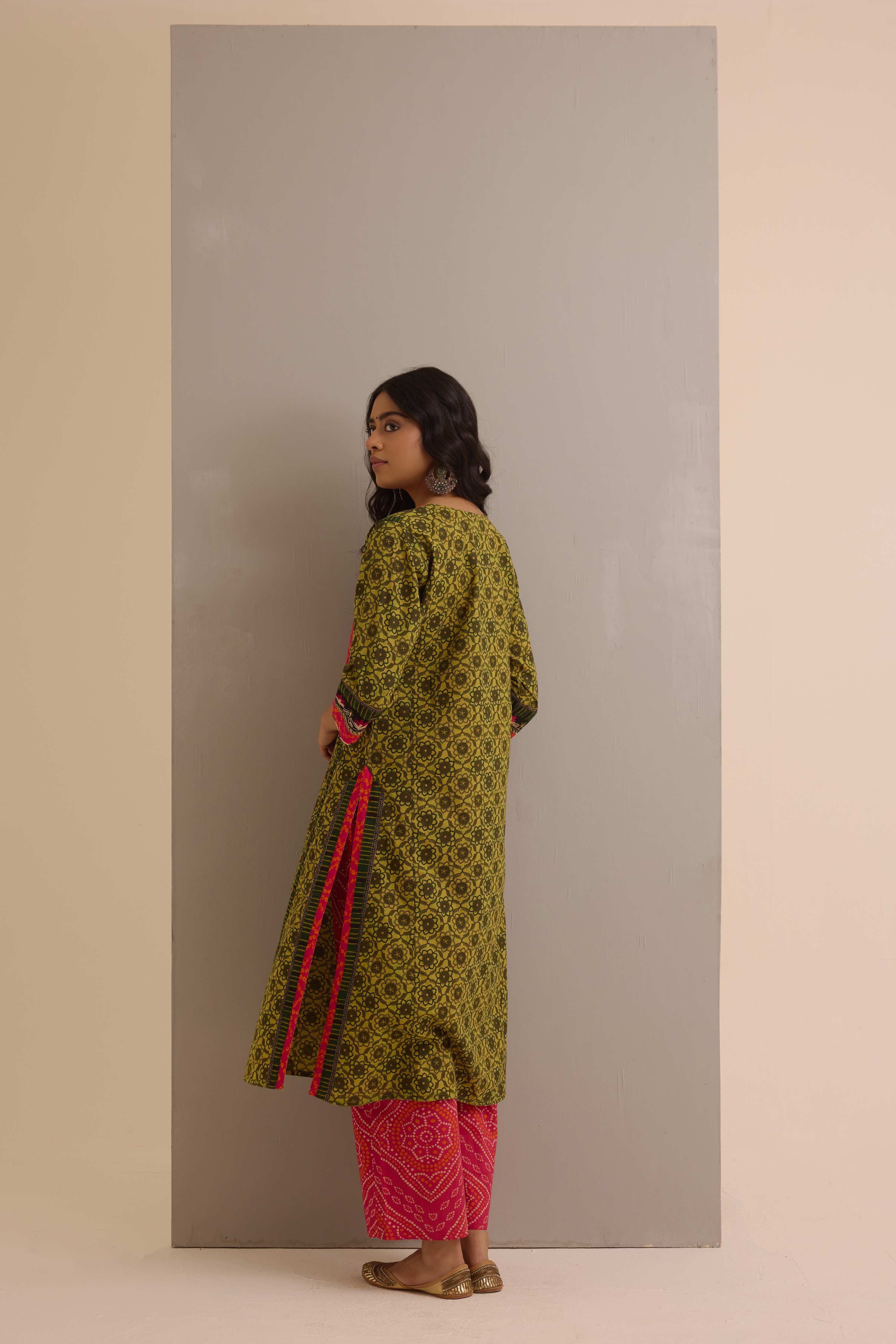 Rozana Cotton Printed Kurta Ensemble Green (Set of 3)