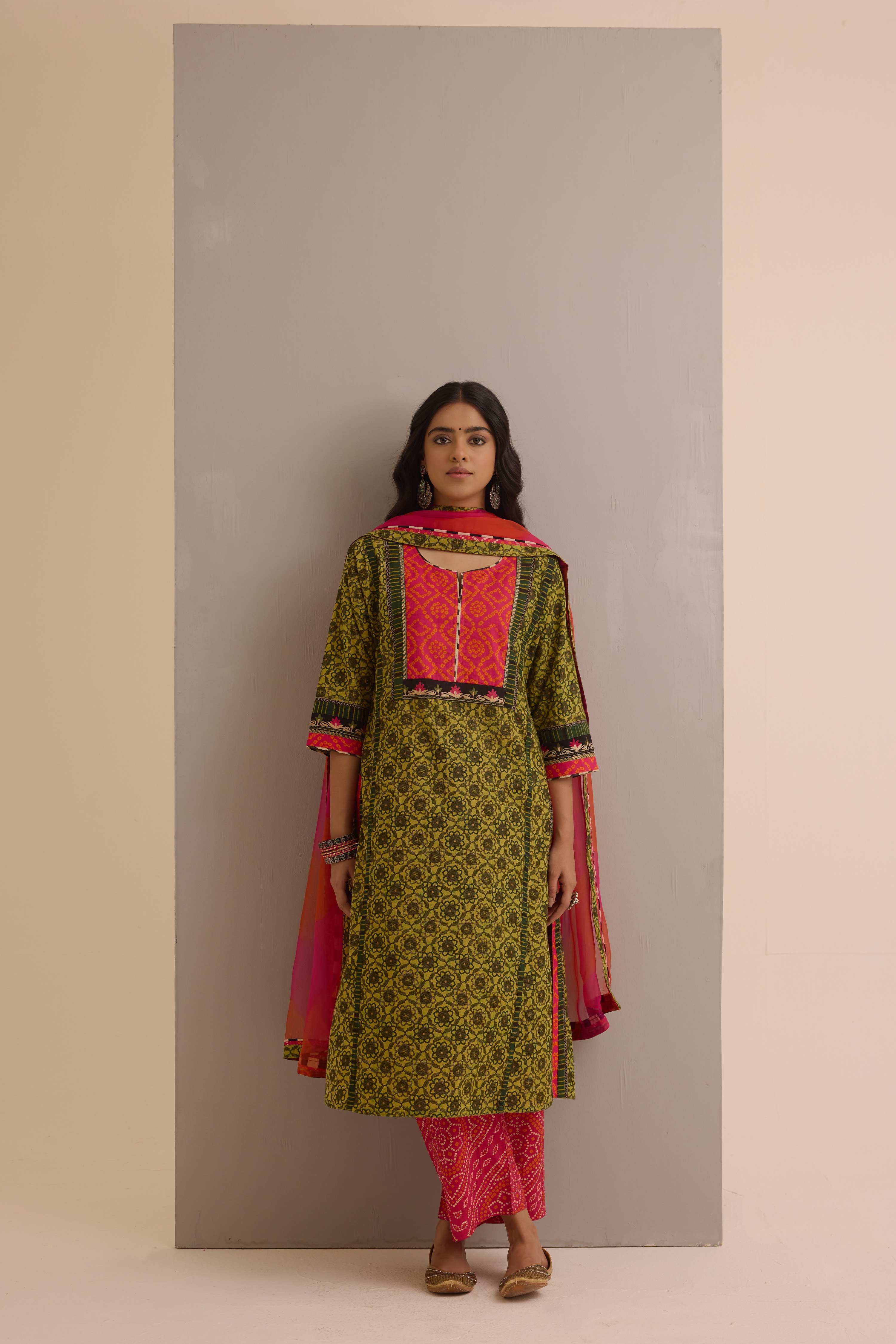 Rozana Cotton Printed Kurta Ensemble Green (Set of 3)