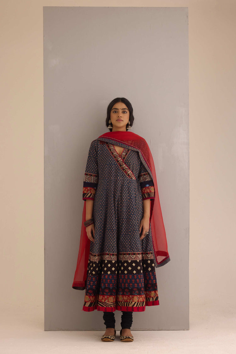 Nargis Cotton Hand Block Printed Angrakha Anarkali Blue