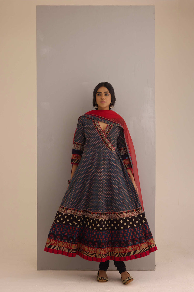 Nargis Cotton Hand Block Printed Angrakha Anarkali Blue