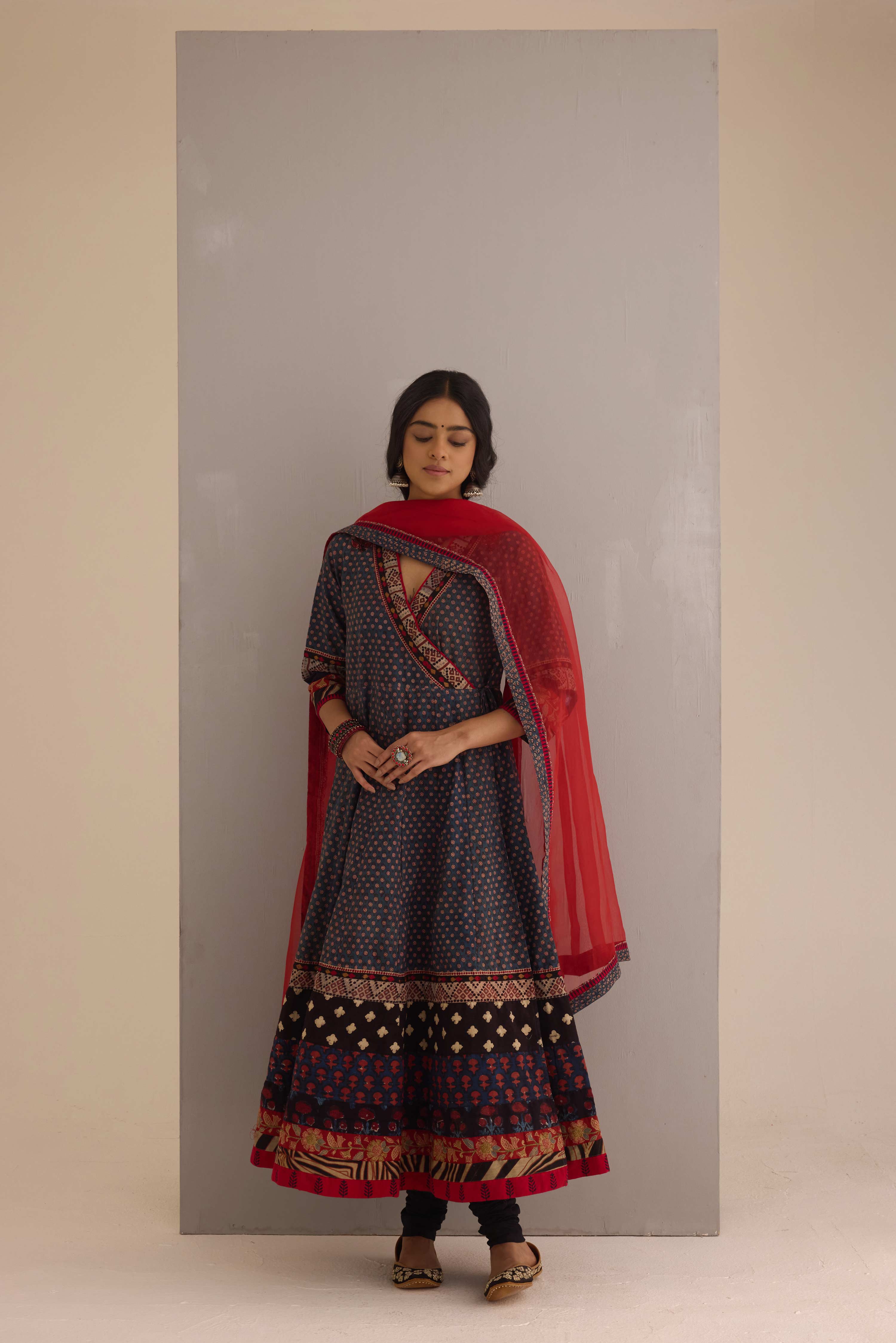 Nargis Cotton Hand Block Printed Angrakha Anarkali Blue