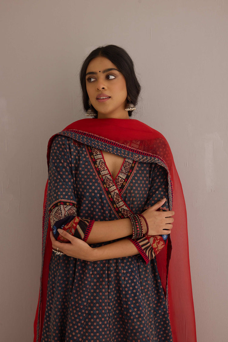 Nargis Cotton Hand Block Printed Angrakha Anarkali Blue