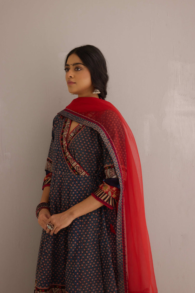 Nargis Cotton Hand Block Printed Angrakha Anarkali Blue