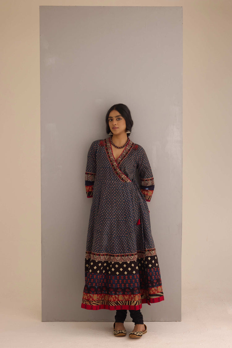 Nargis Cotton Hand Block Printed Angrakha Anarkali Blue