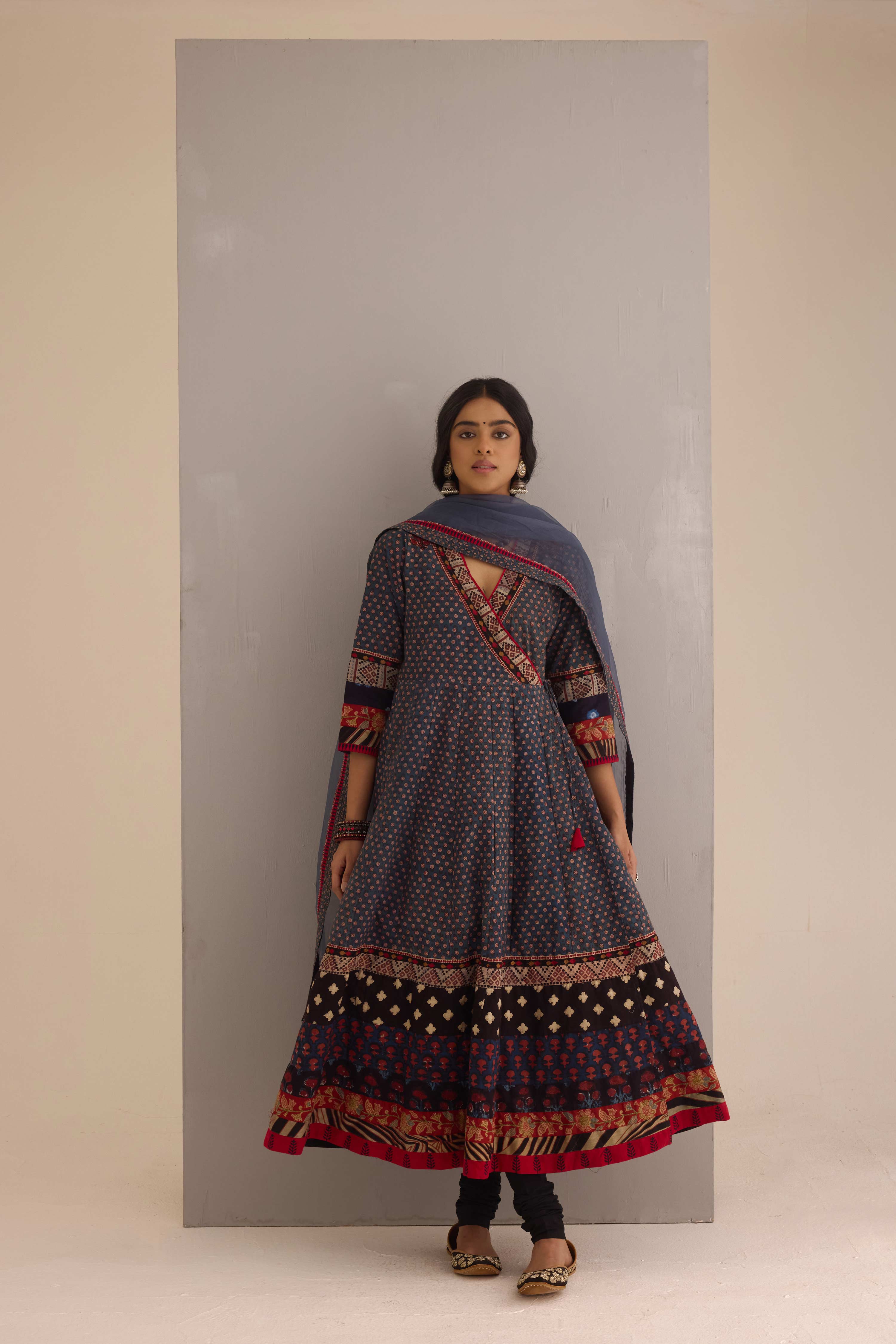Nargis Cotton Hand Block Printed Angrakha Anarkali Blue