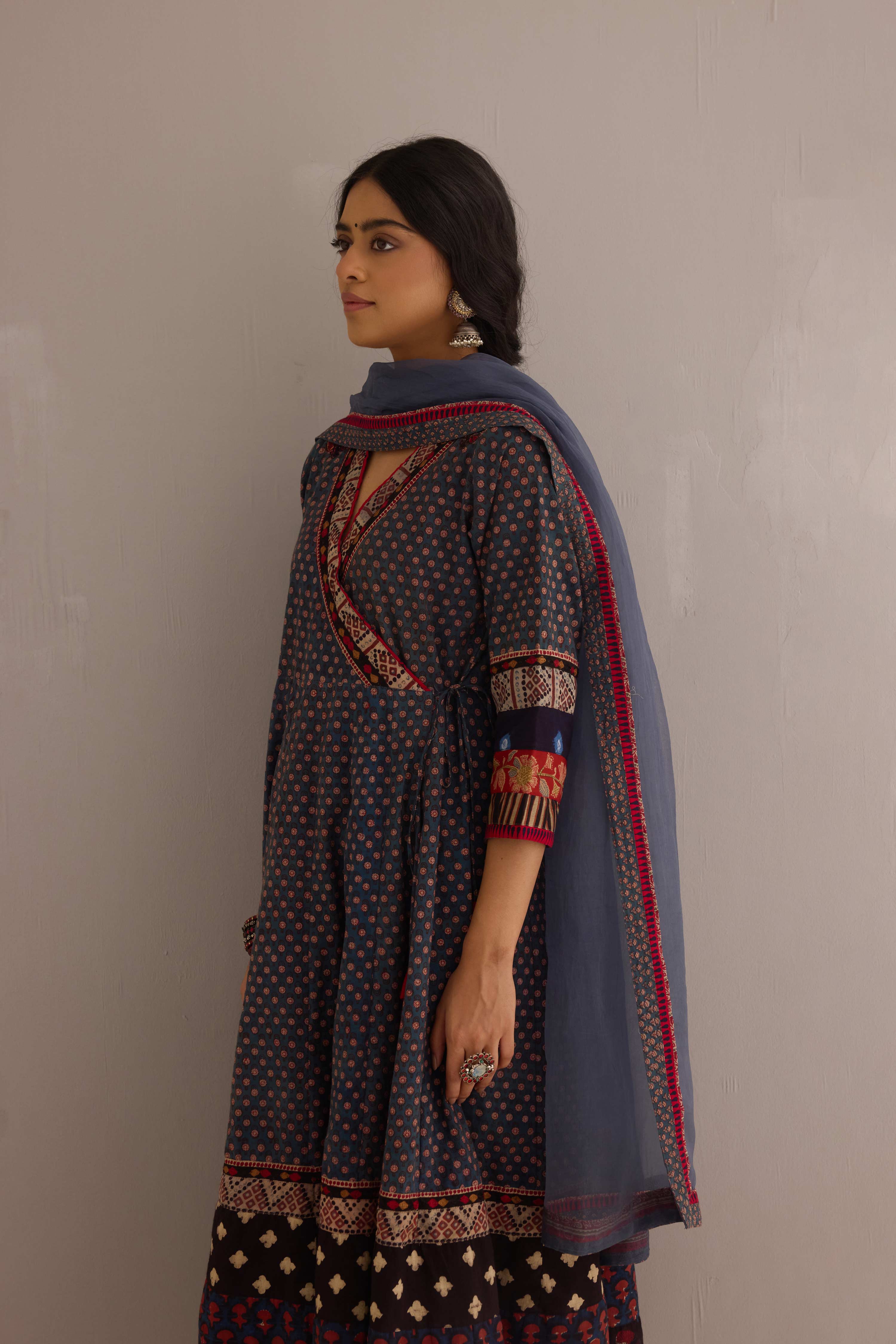 Nargis Cotton Hand Block Printed Angrakha Anarkali Blue