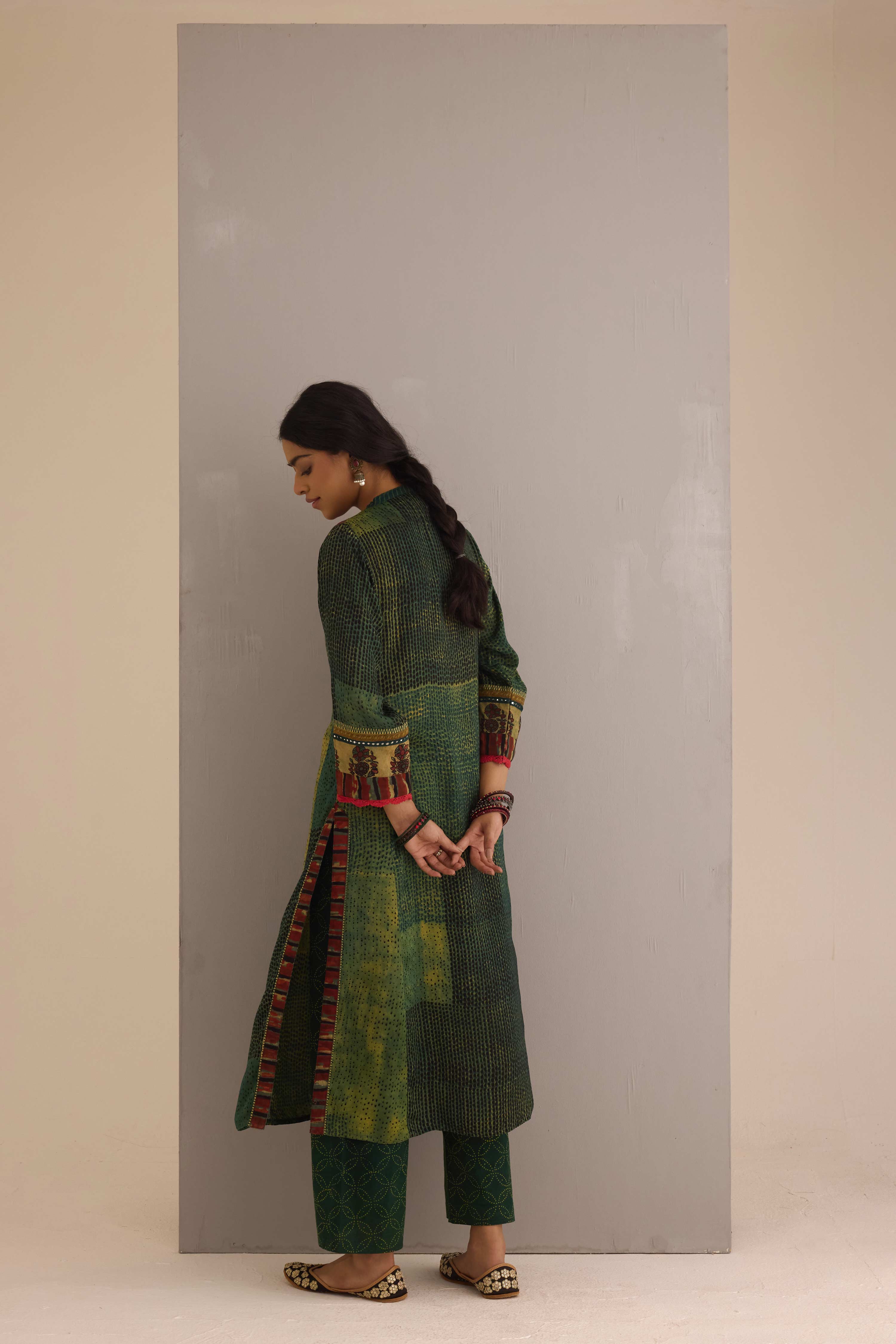 Rozana Modal Silk Hand Block Printed Kurta Green