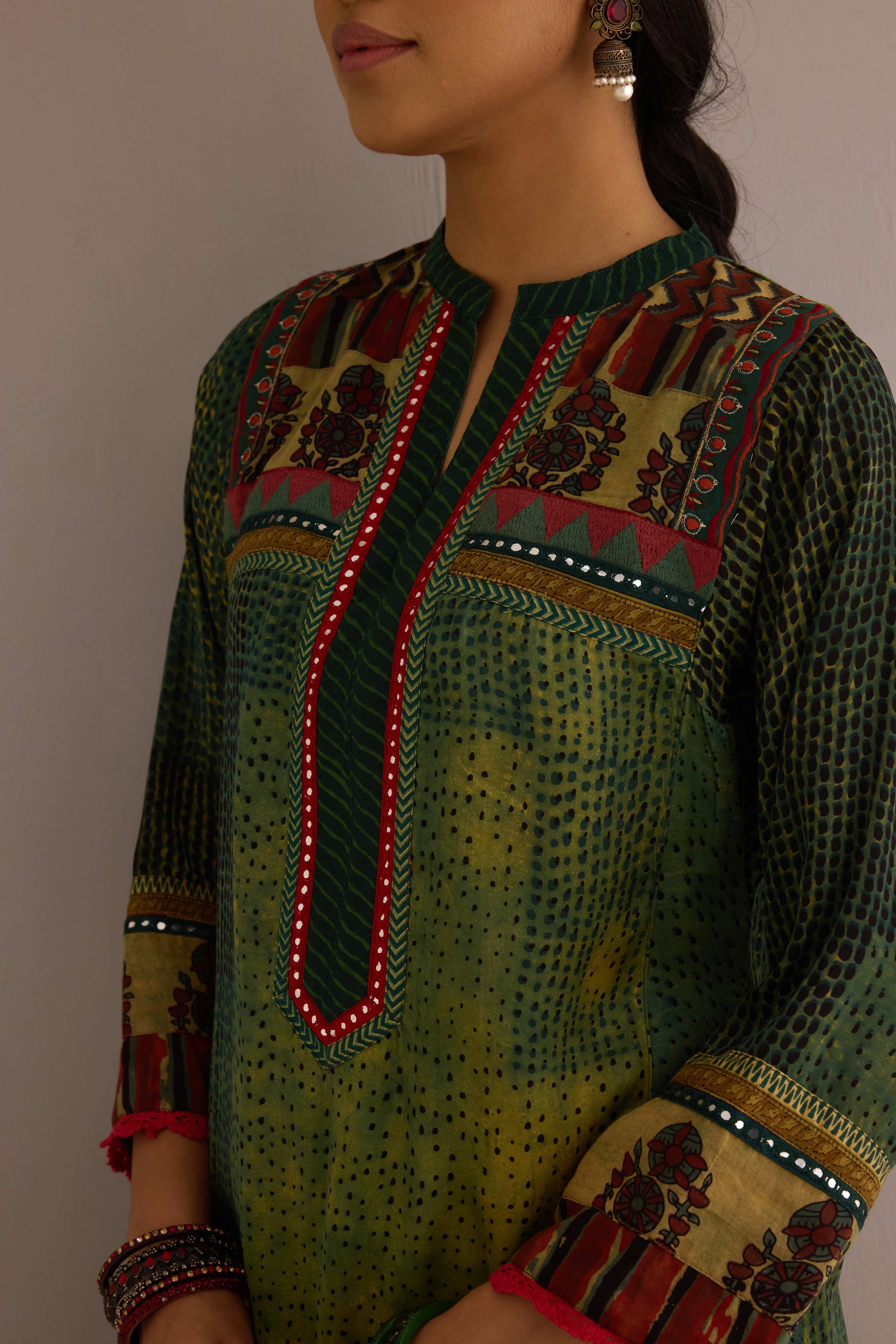 Rozana Modal Silk Hand Block Printed Kurta Green