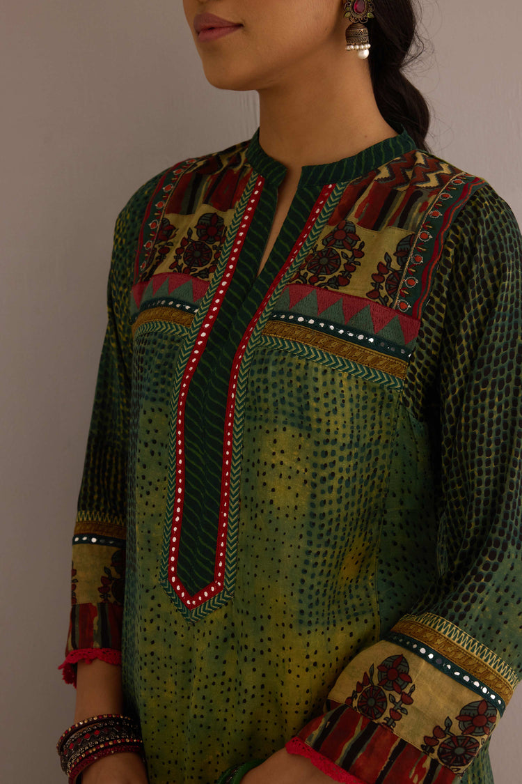Rozana Modal Silk Hand Block Printed Kurta Green
