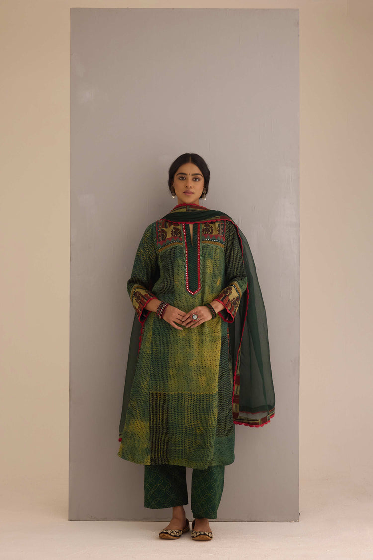Rozana Modal Silk Hand Block Printed Kurta Green