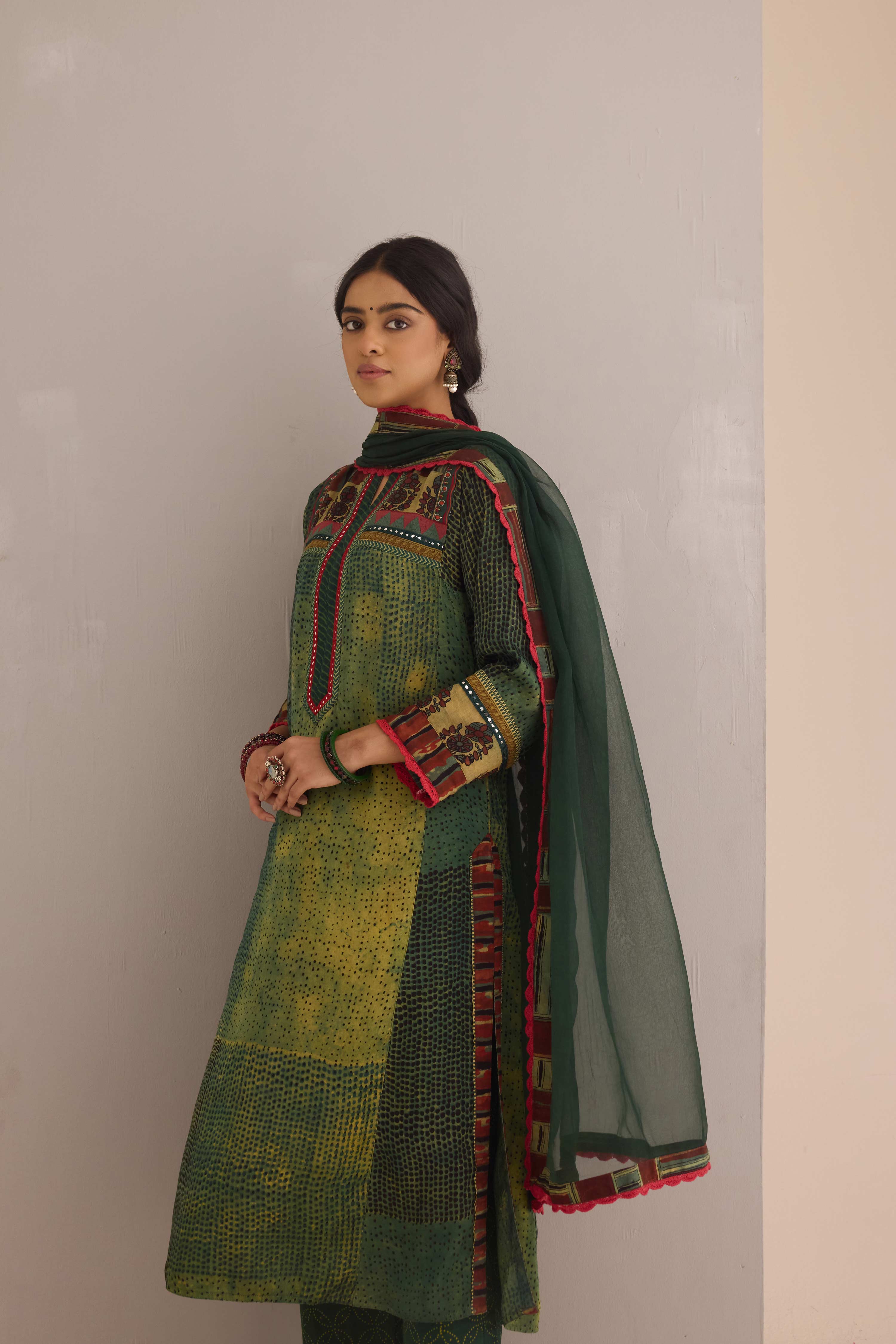 Rozana Modal Silk Hand Block Printed Kurta Green
