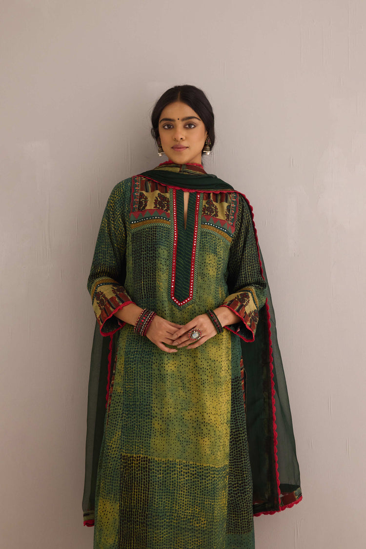 Rozana Modal Silk Hand Block Printed Kurta Green