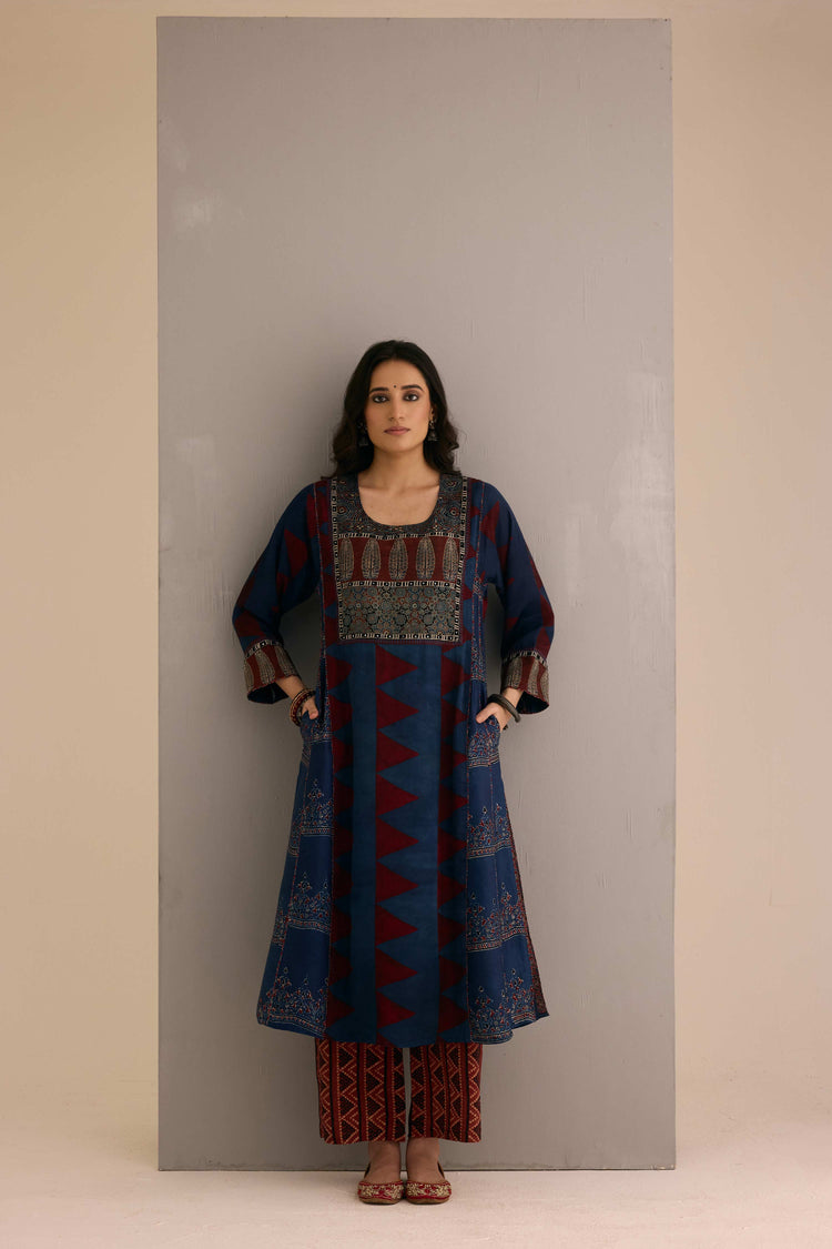 Tulsi Modal Silk Hand Block Printed Kurta Navy Blue