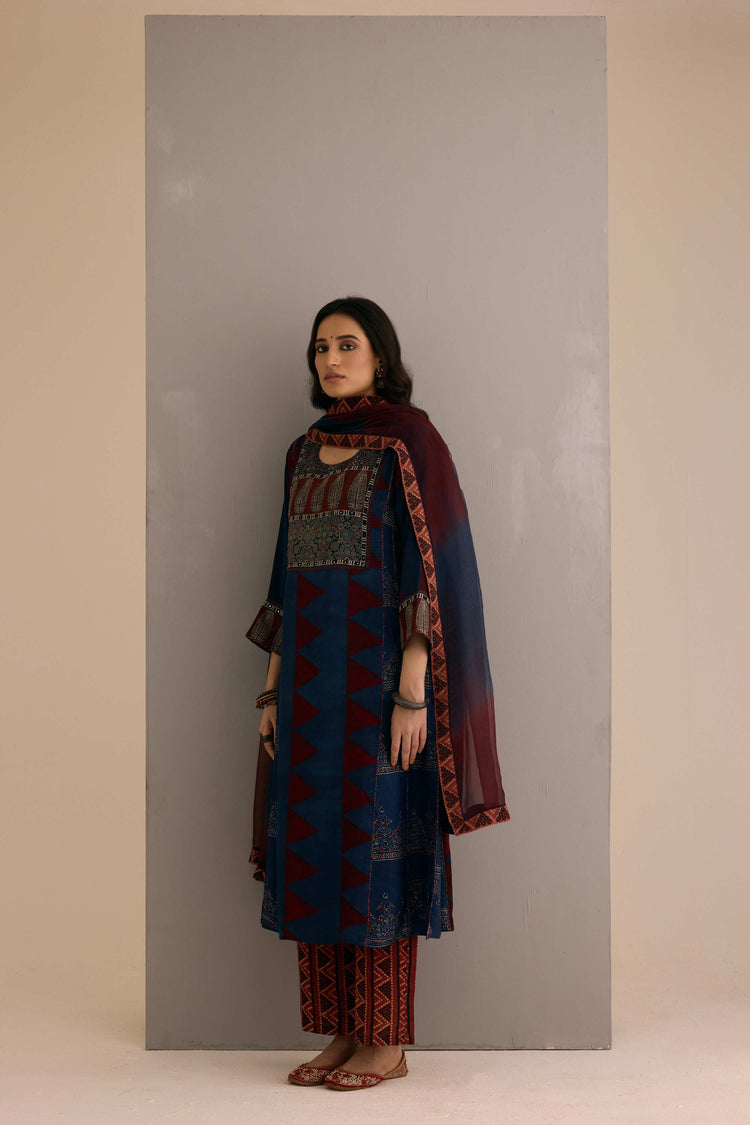 Tulsi Modal Silk Hand Block Printed Kurta Navy Blue