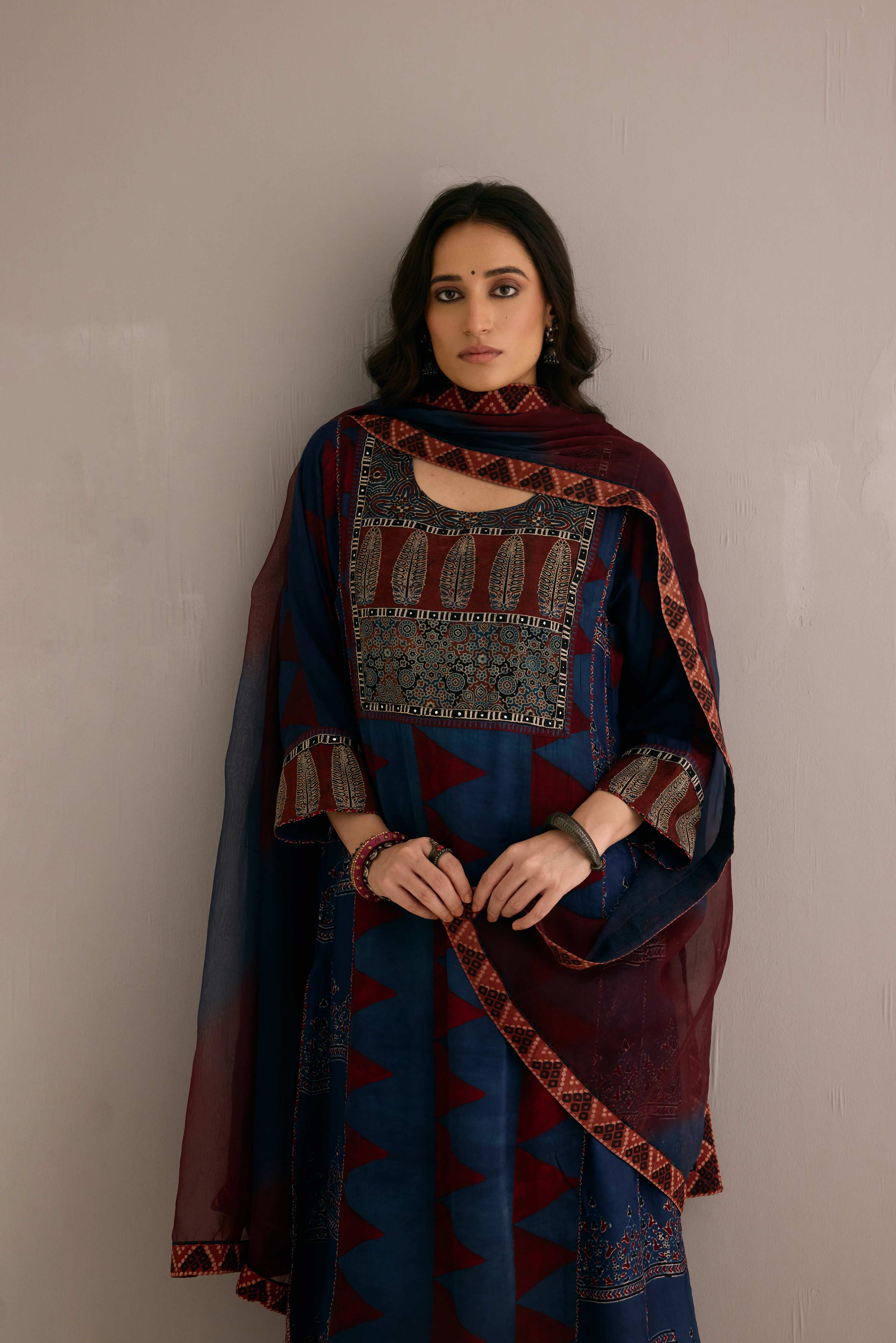 Tulsi Modal Silk Hand Block Printed Kurta Navy Blue