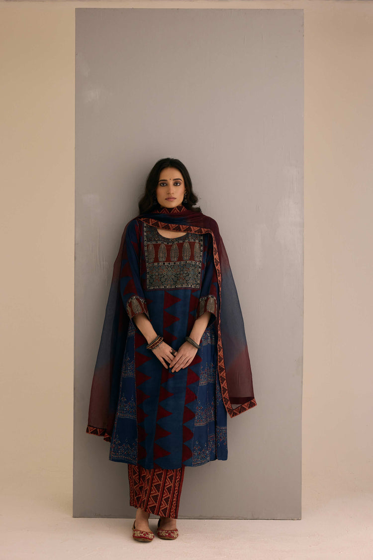 Tulsi Modal Silk Hand Block Printed Kurta Navy Blue