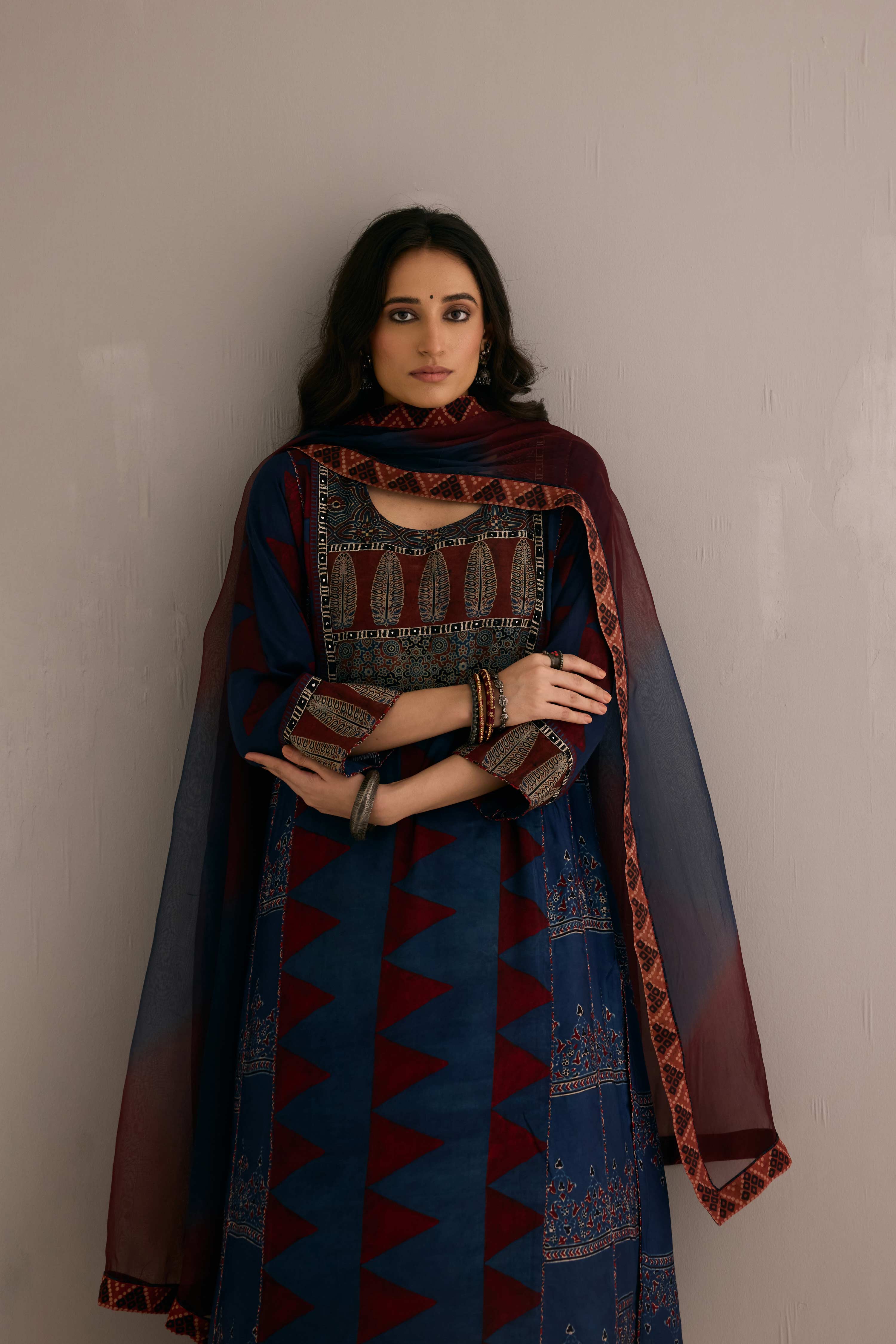 Tulsi Modal Silk Hand Block Printed Kurta Navy Blue
