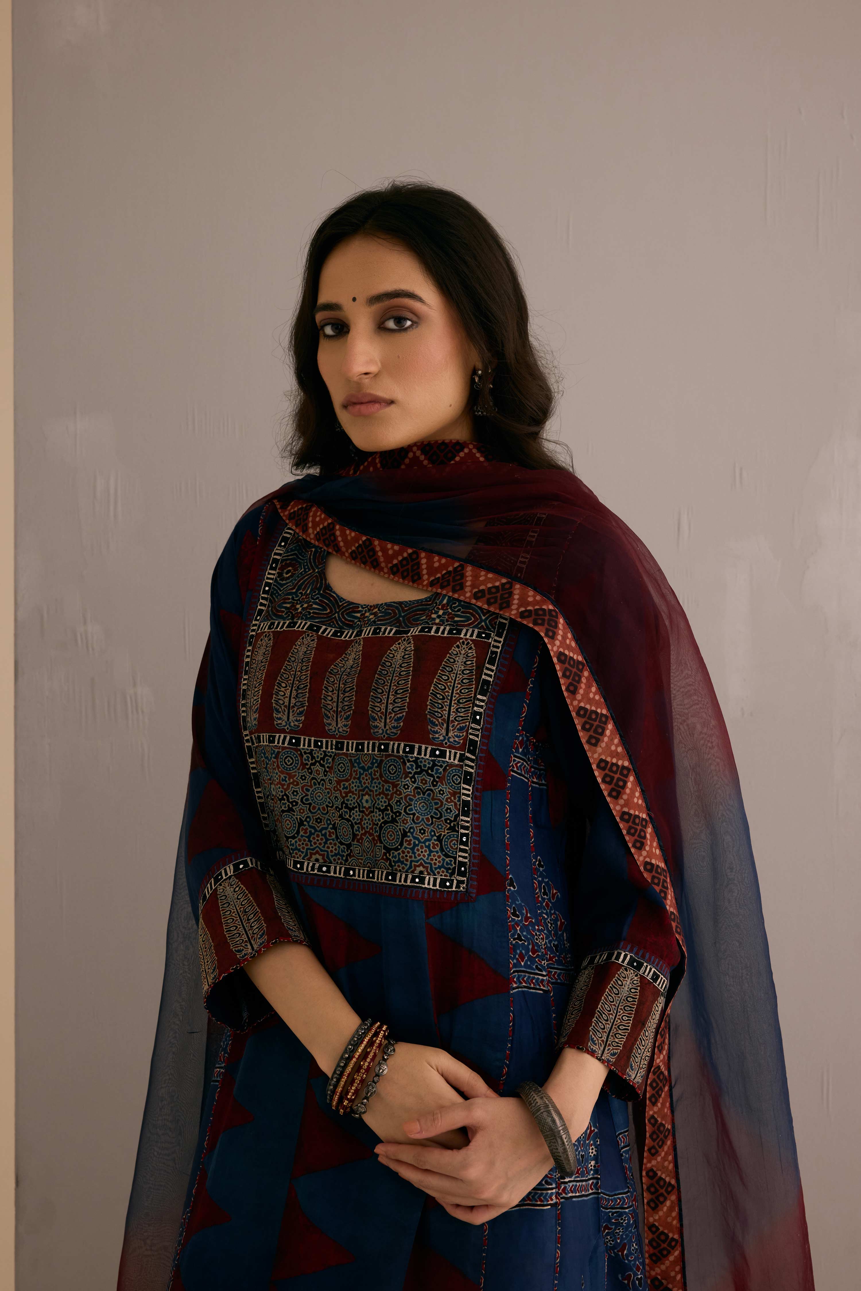Tulsi Modal Silk Hand Block Printed Kurta Navy Blue