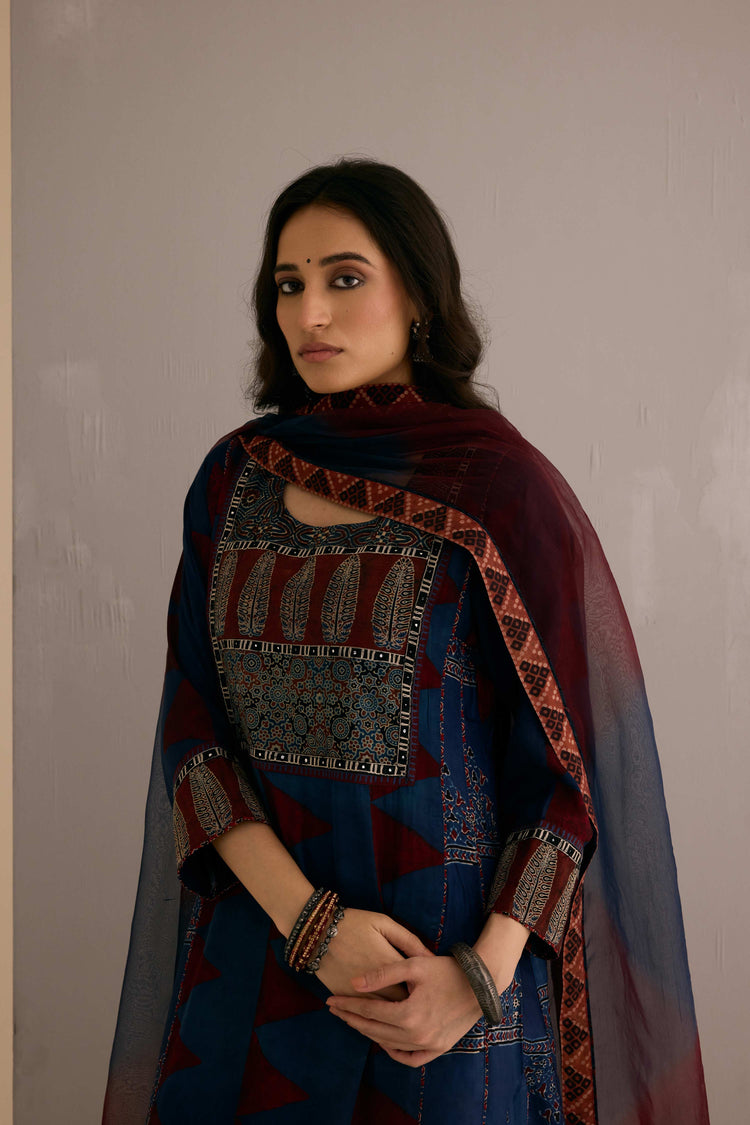 Tulsi Modal Silk Hand Block Printed Kurta Navy Blue