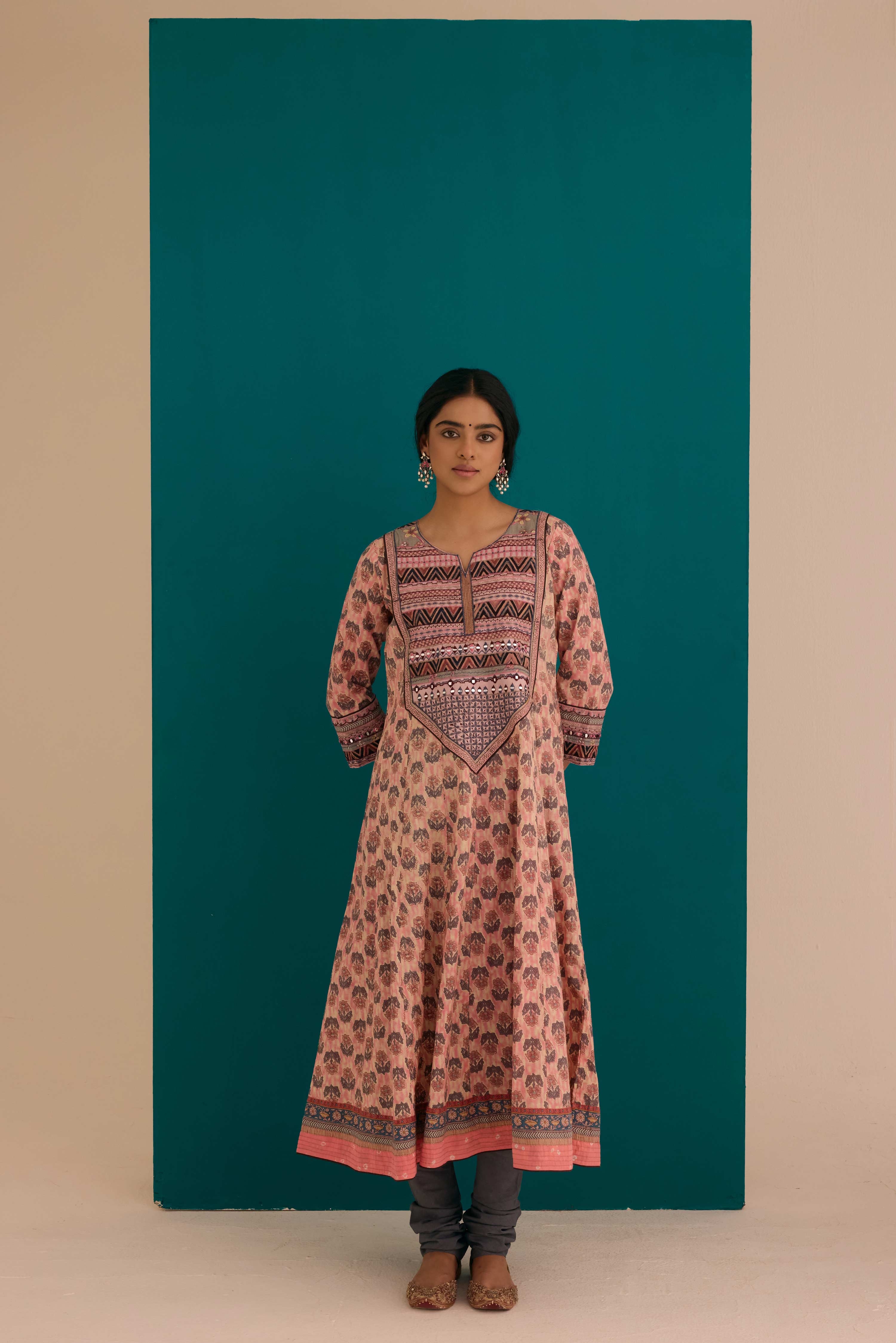 Navya Cotton Printed Anarkali Kurta Ensemble Pink Grey (SO3)