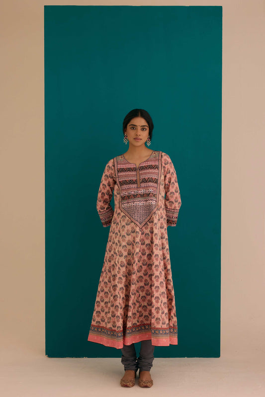 Navya Cotton Printed Anarkali Kurta Ensemble Pink Grey (SO3)