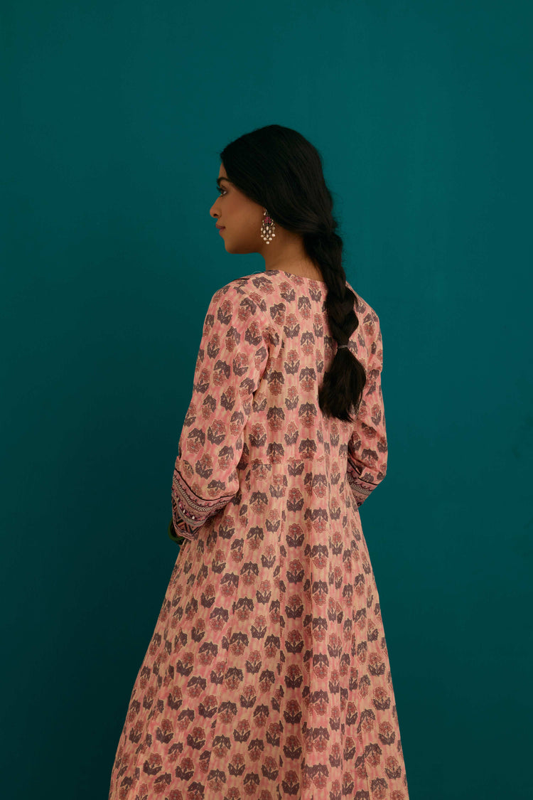 Navya Cotton Printed Anarkali Kurta Ensemble Pink Grey (SO3)