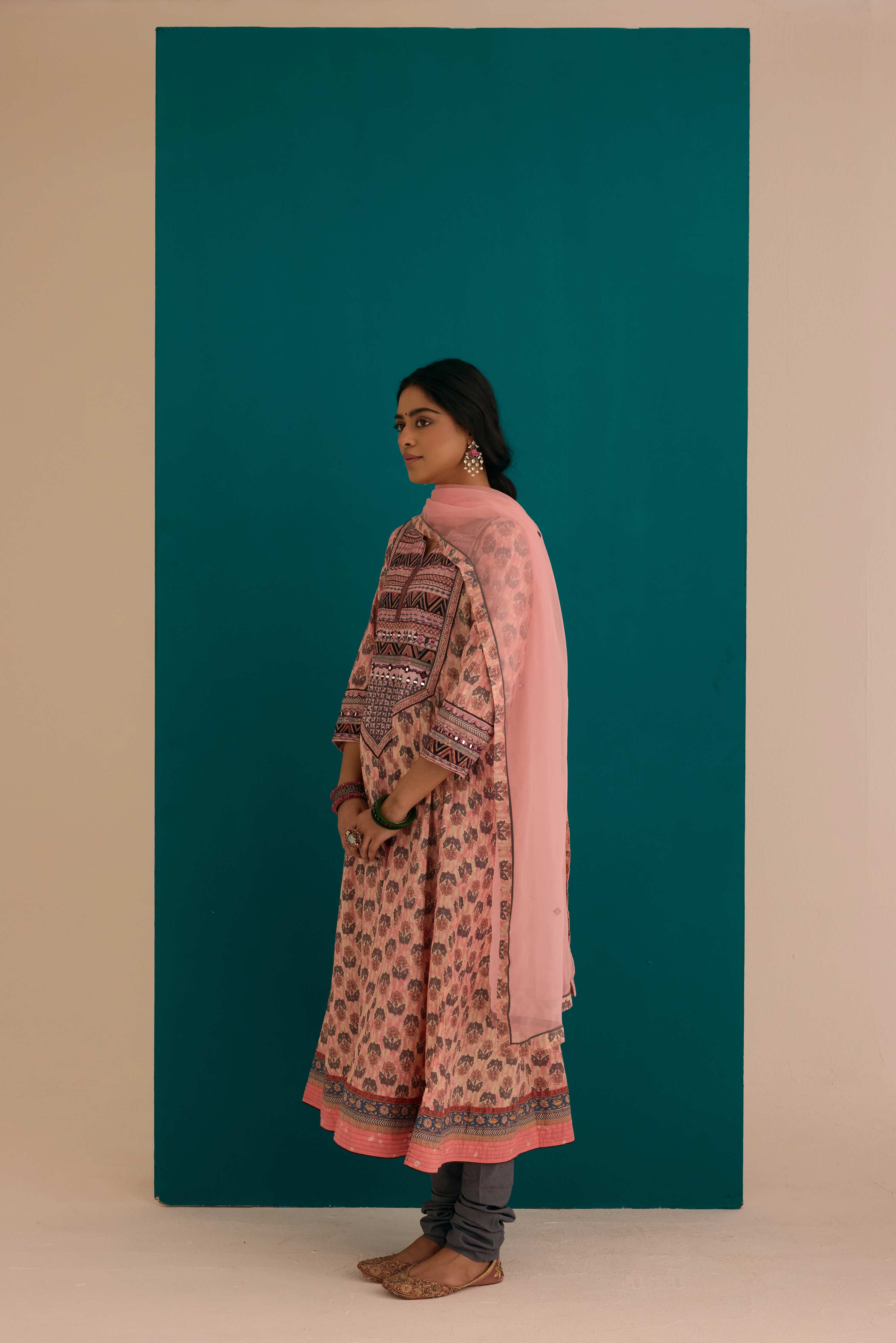 Navya Cotton Printed Anarkali Kurta Ensemble Pink Grey (SO3)