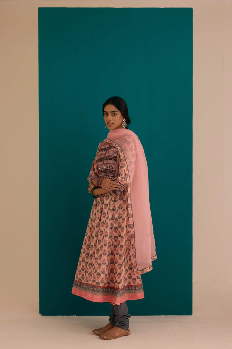 Navya Cotton Printed Anarkali Kurta Ensemble Pink Grey (SO3)