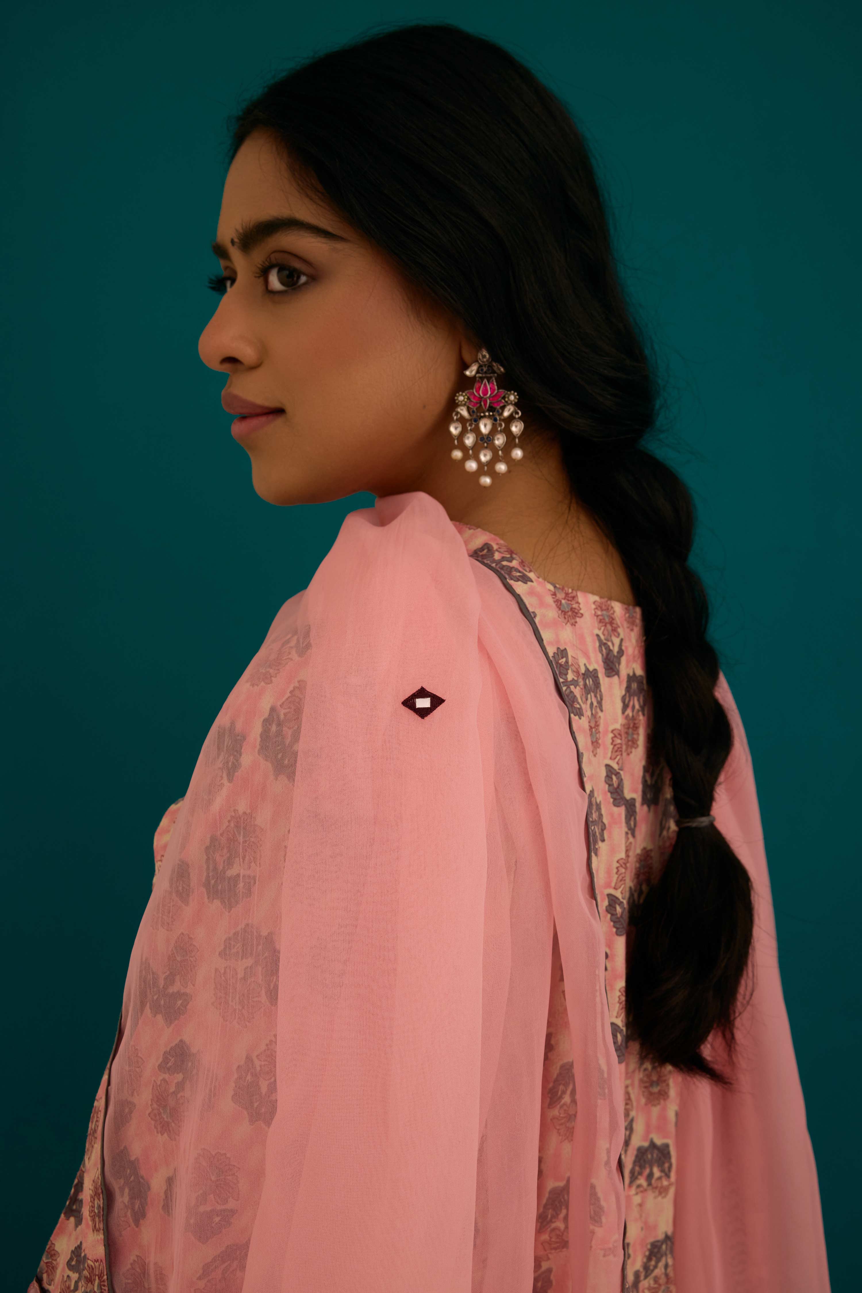 Navya Cotton Printed Anarkali Kurta Ensemble Pink Grey (SO3)