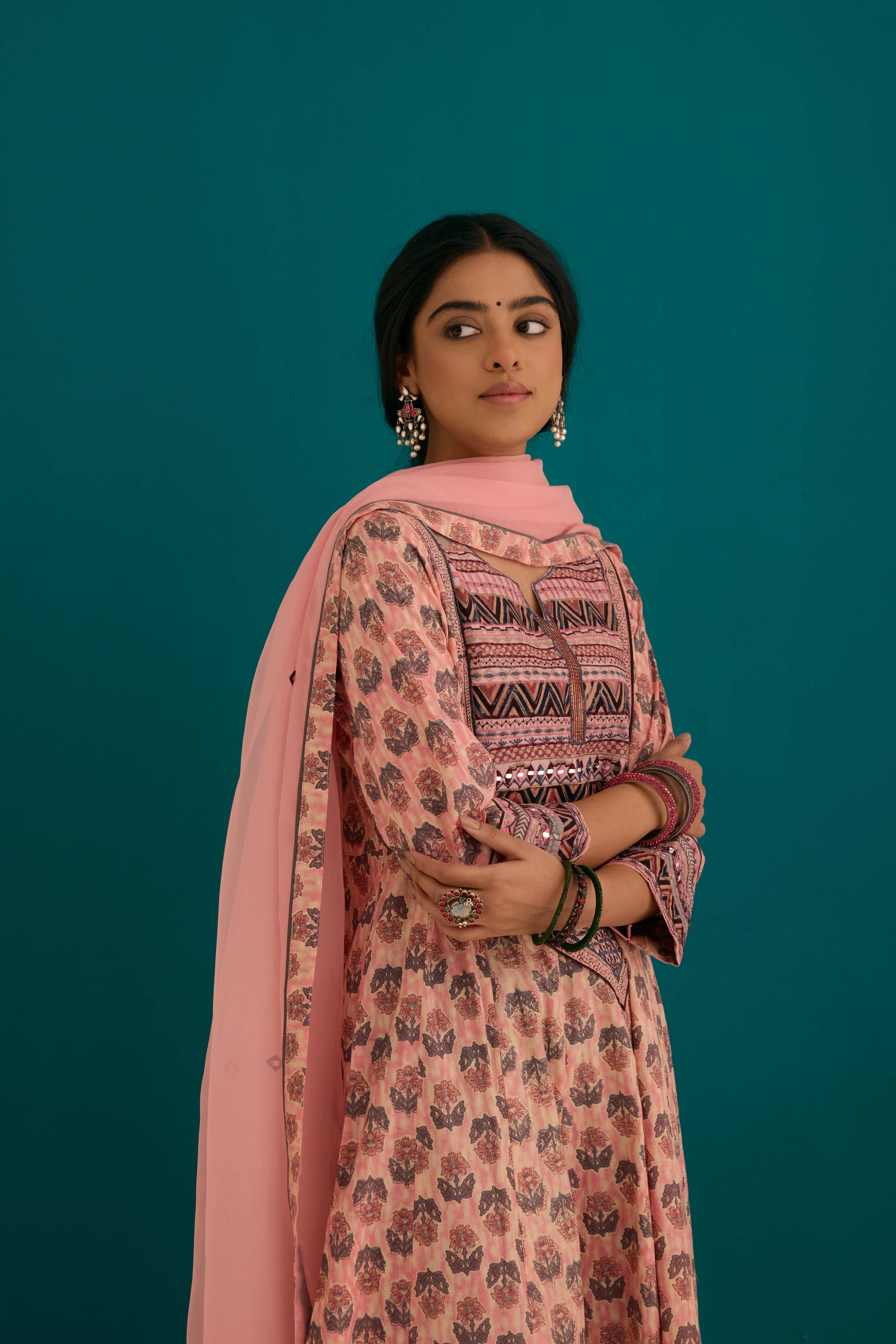 Navya Cotton Printed Anarkali Kurta Ensemble Pink Grey (SO3)