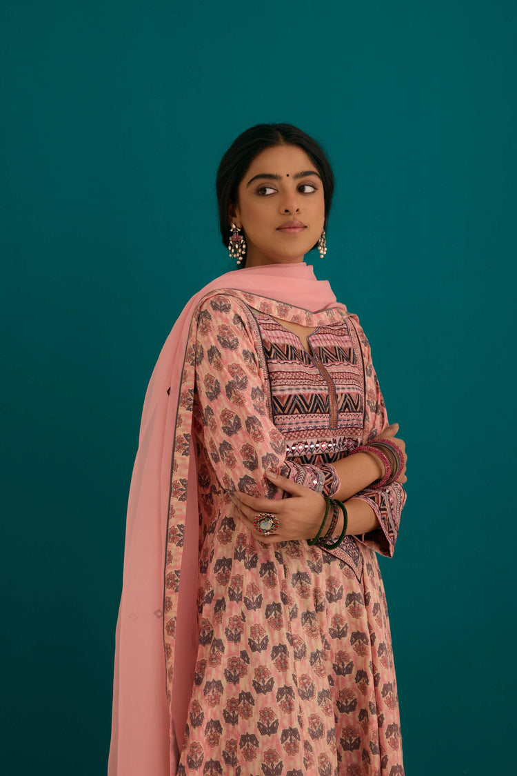 Navya Cotton Printed Anarkali Kurta Ensemble Pink Grey (SO3)