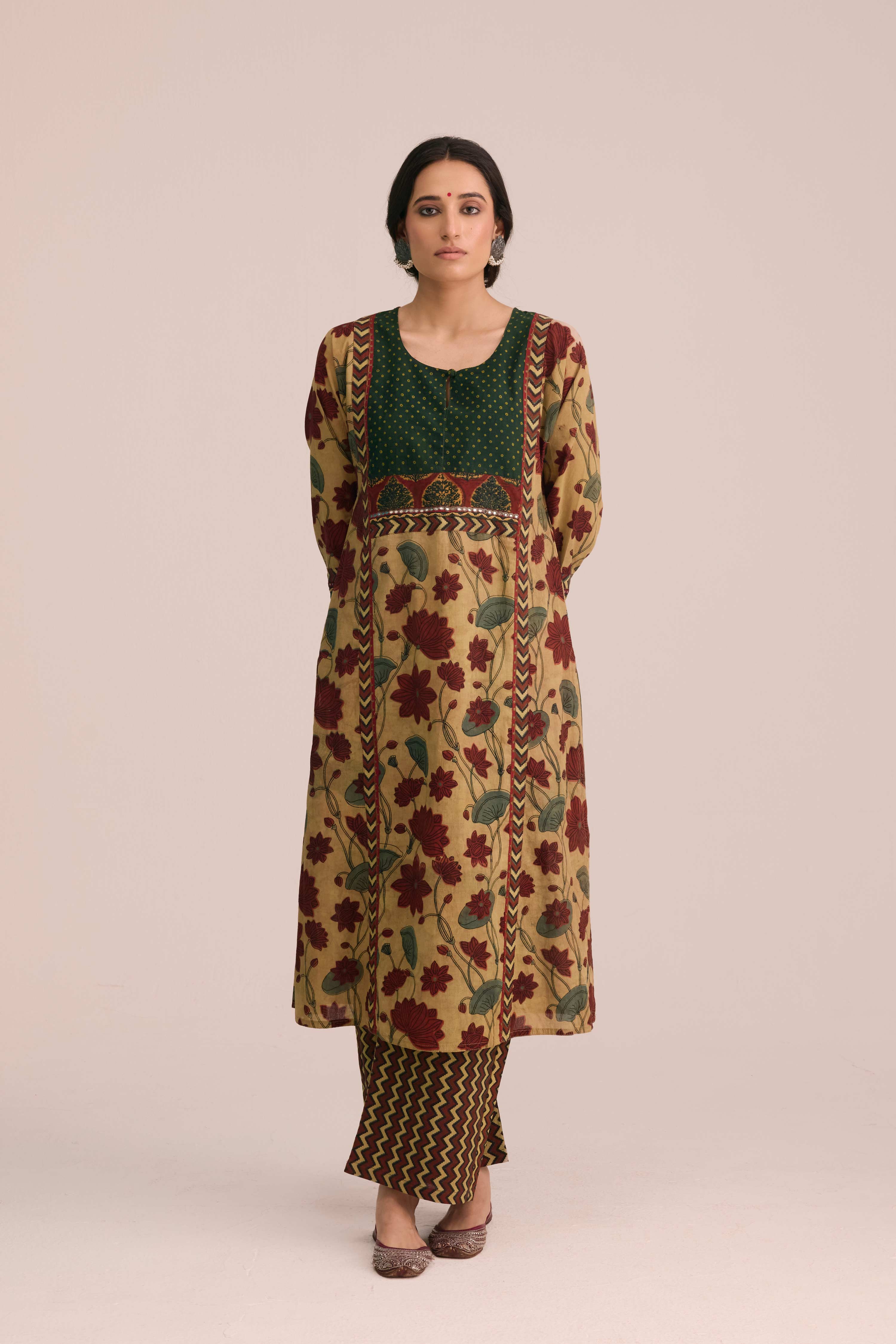 Straight Cotton Vanaspati Hand Block Printed Pant Beige Brown