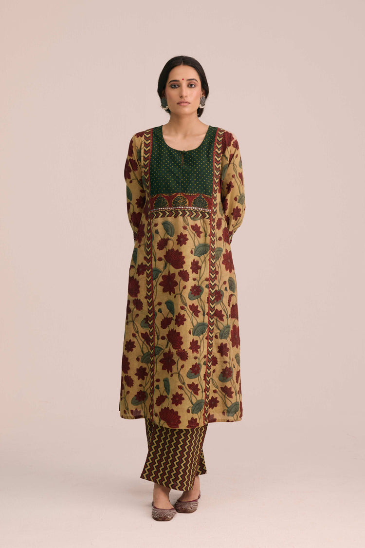 Straight Cotton Vanaspati Hand Block Printed Pant Beige Brown