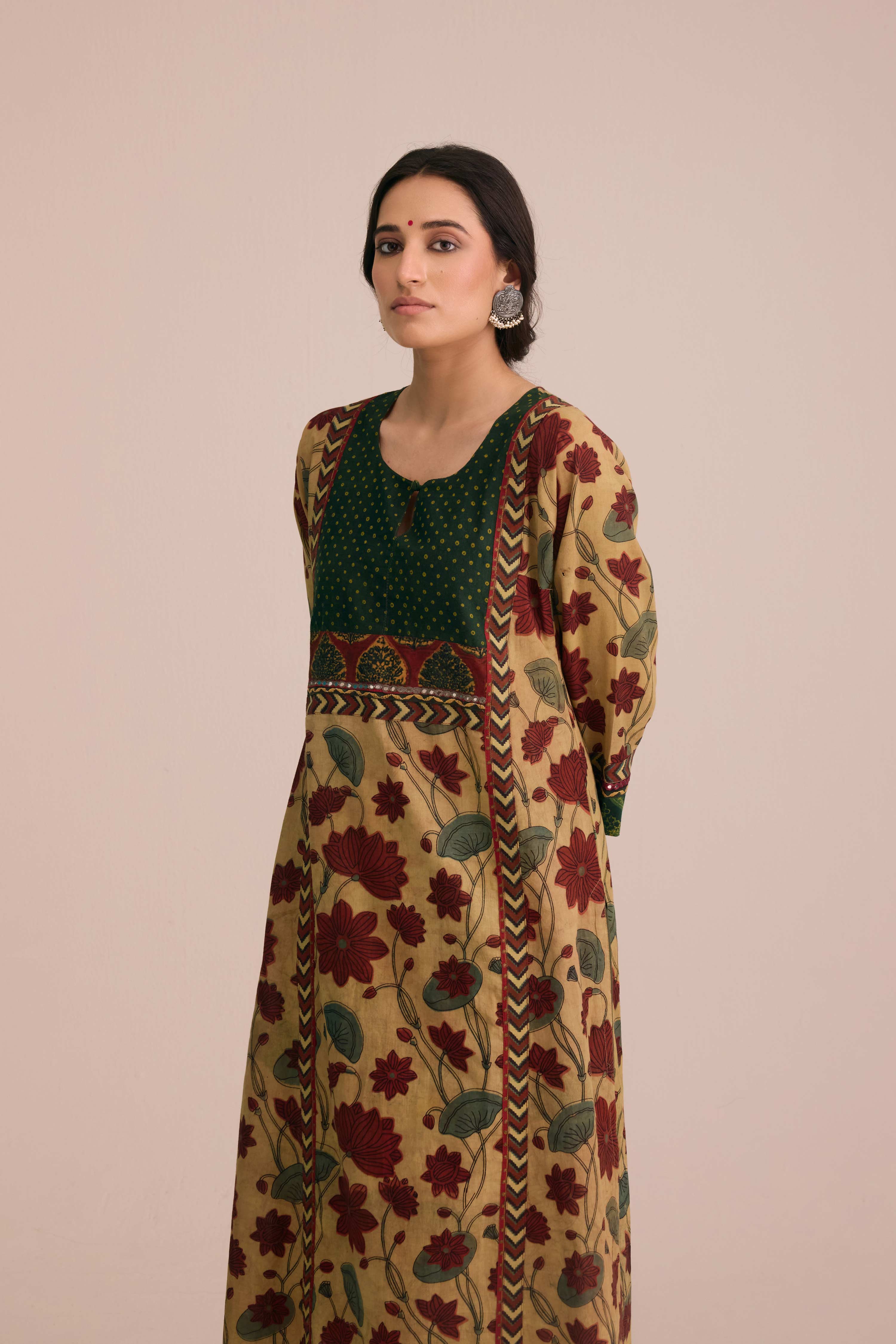 Rozana Cotton Vanaspati Hand Block Printed Kurta Beige Green