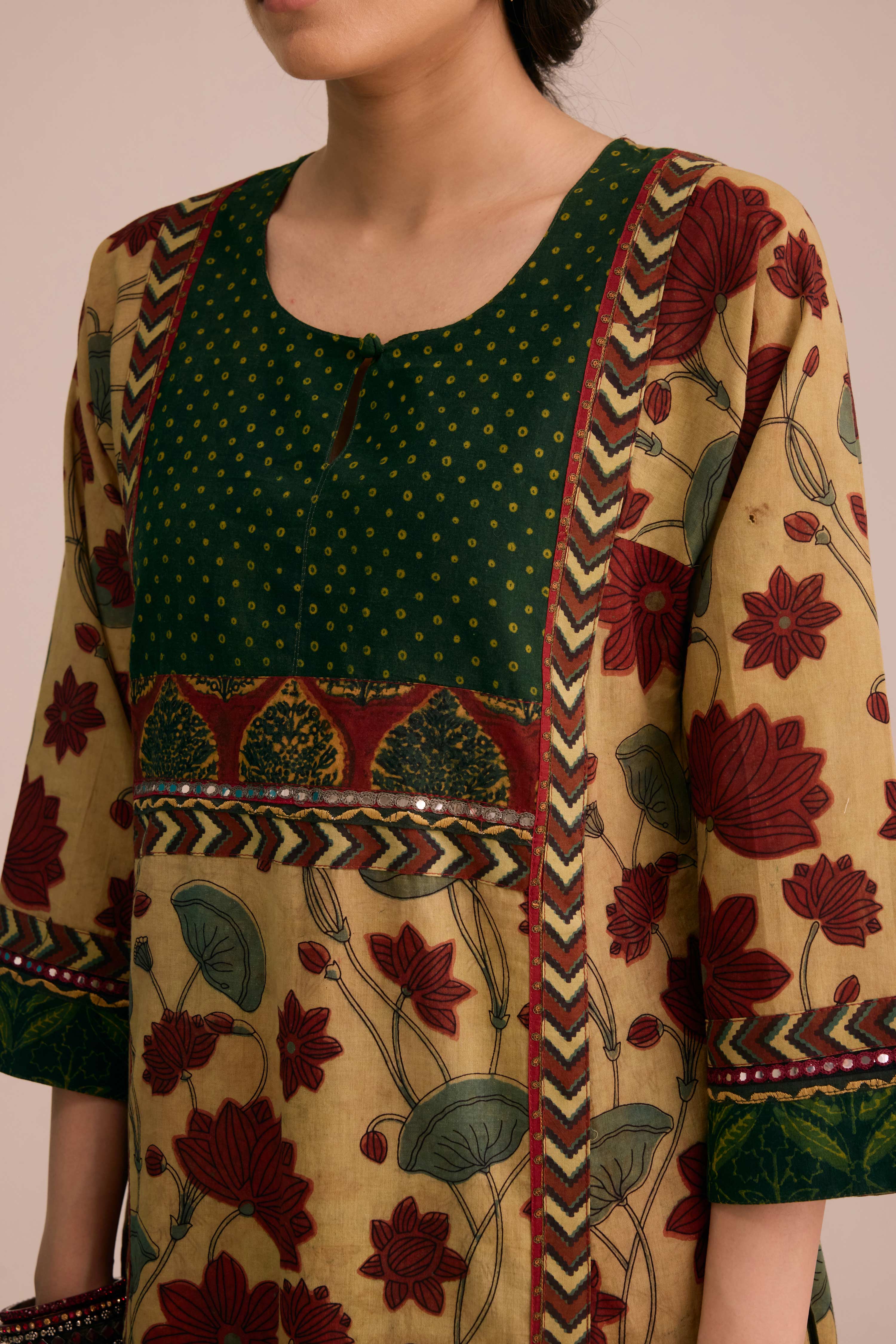 Rozana Cotton Vanaspati Hand Block Printed Kurta Beige Green