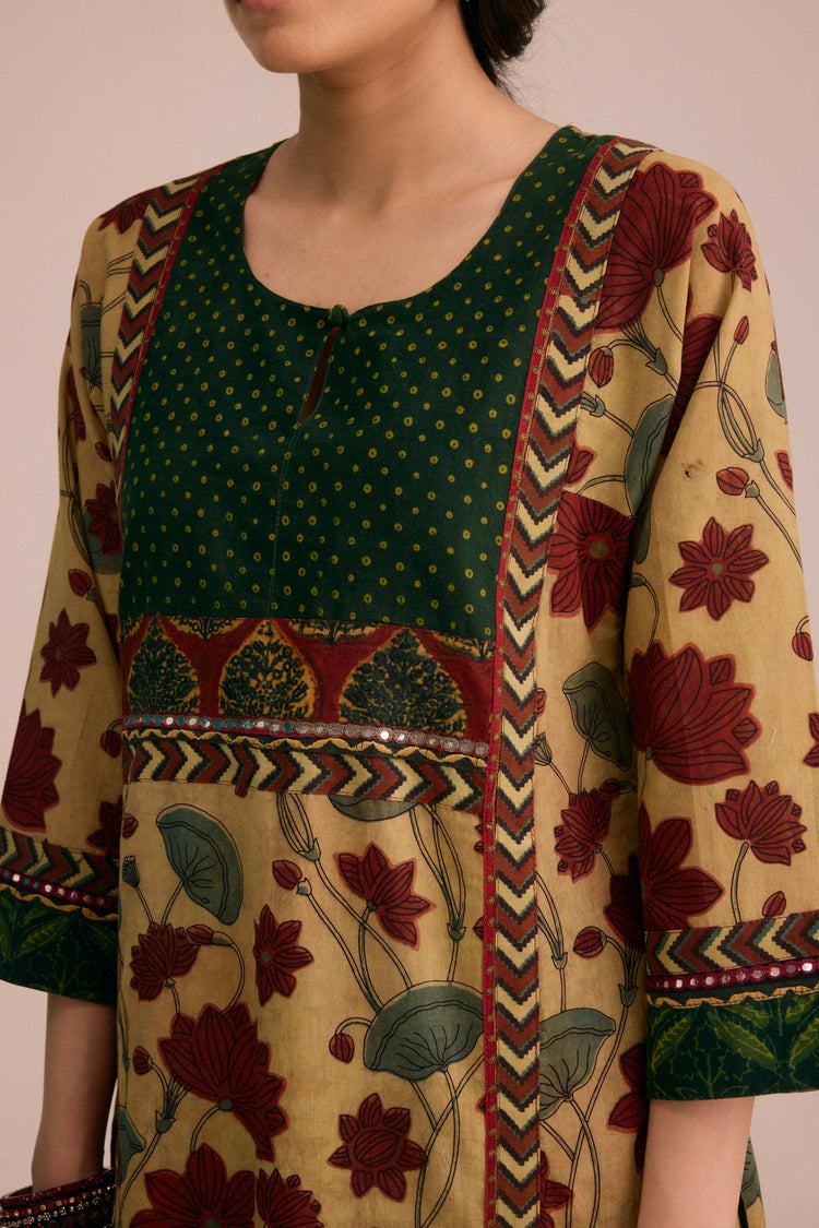 Rozana Cotton Vanaspati Hand Block Printed Kurta Beige Green