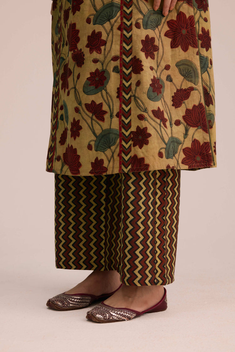Rozana Cotton Vanaspati Hand Block Printed Kurta Beige Green