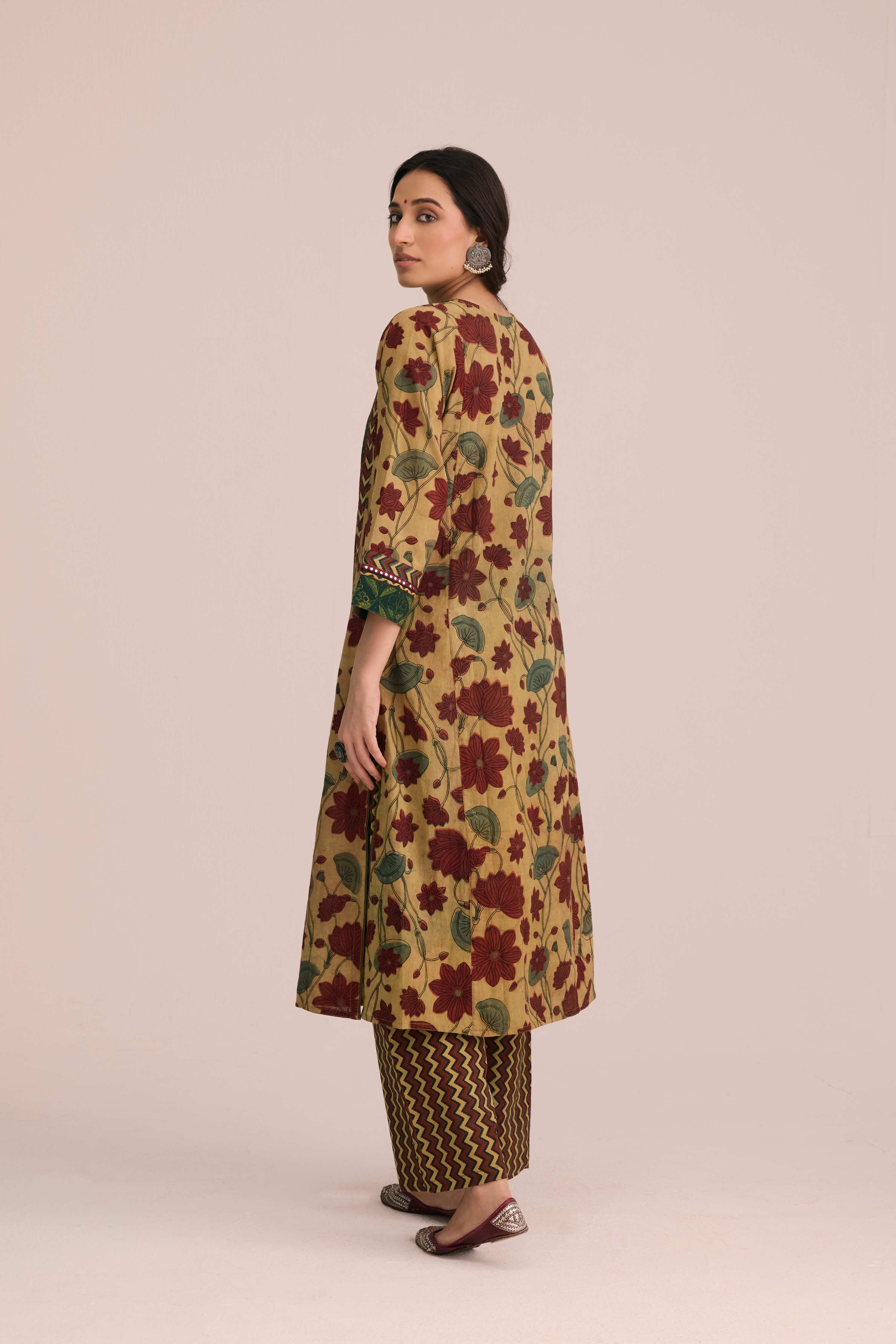 Rozana Cotton Vanaspati Hand Block Printed Kurta Beige Green