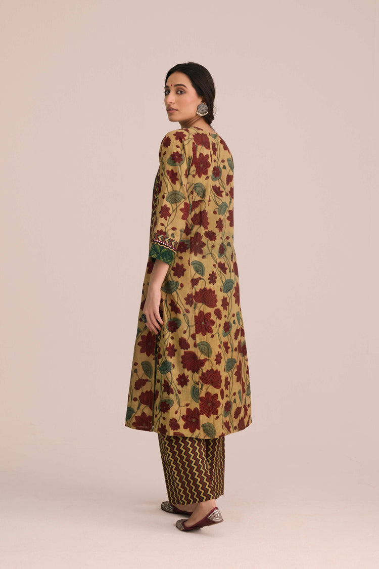 Rozana Cotton Vanaspati Hand Block Printed Kurta Beige Green
