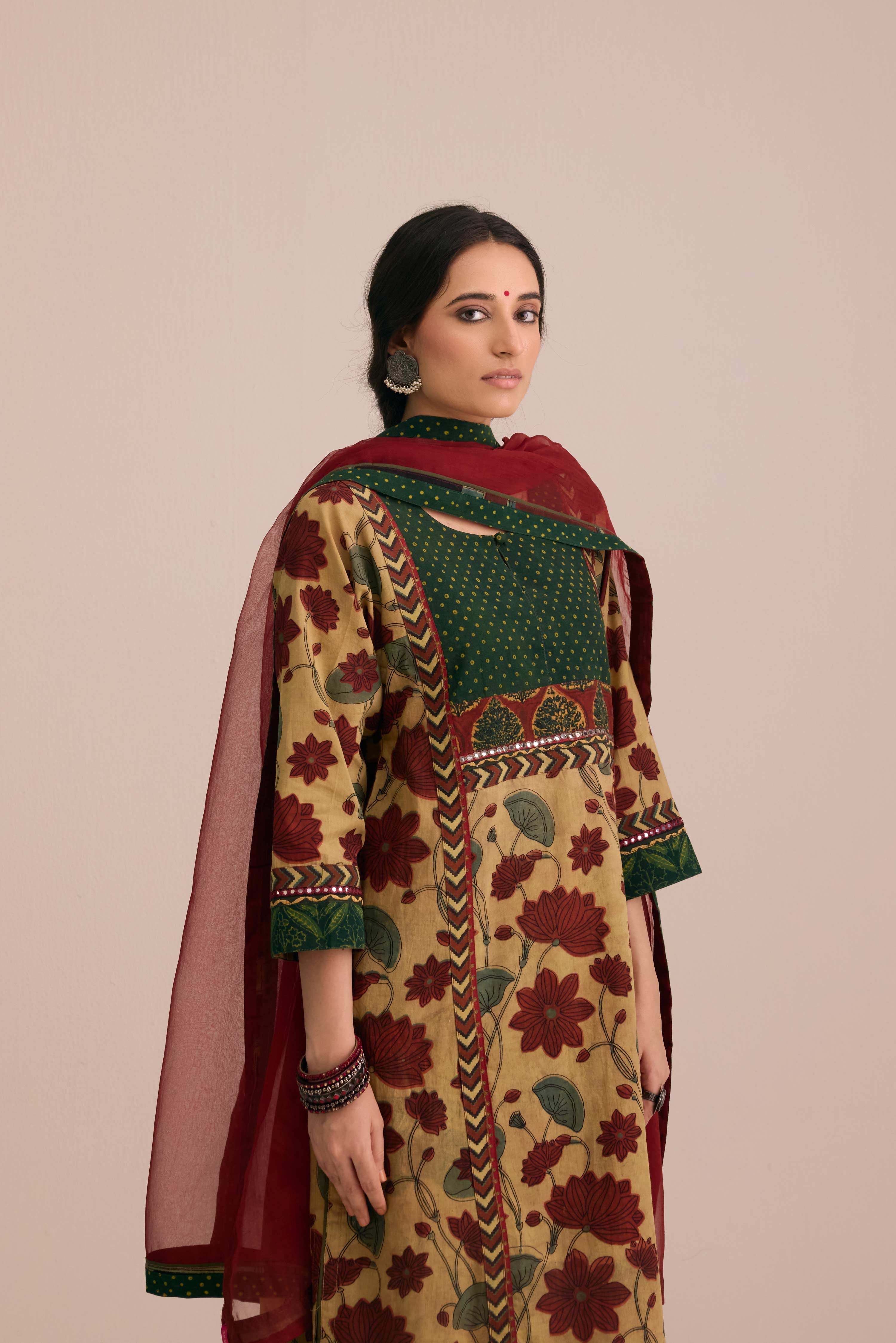 Rozana Cotton Vanaspati Hand Block Printed Kurta Beige Green